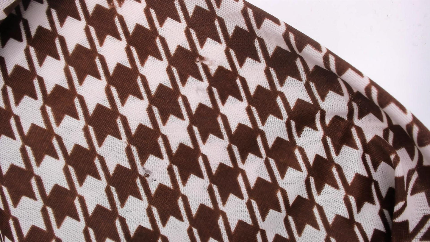 70s Brown White Houndstooth Button Up Shirt Pointed Collar Chest Pocket Large