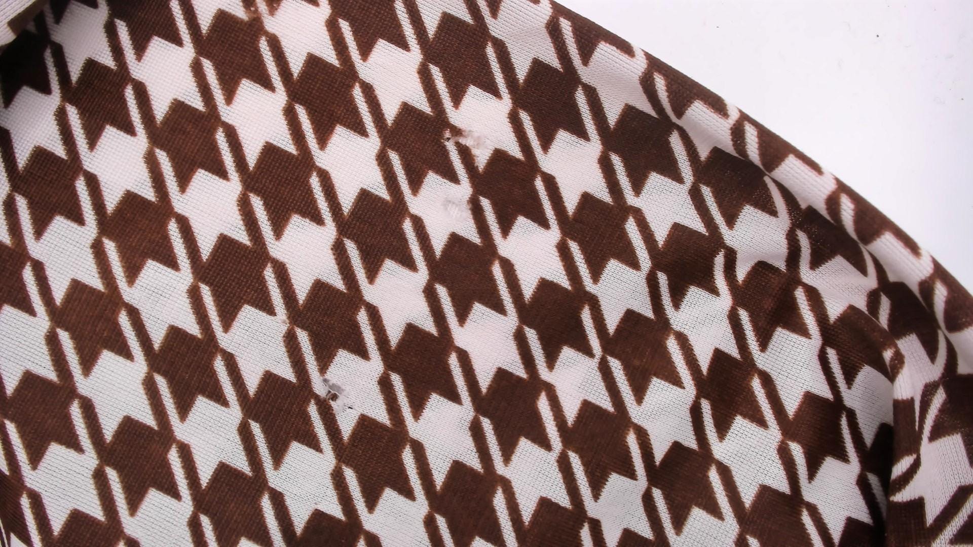 70s Brown White Houndstooth Button Up Shirt Pointed Collar Chest Pocket Large