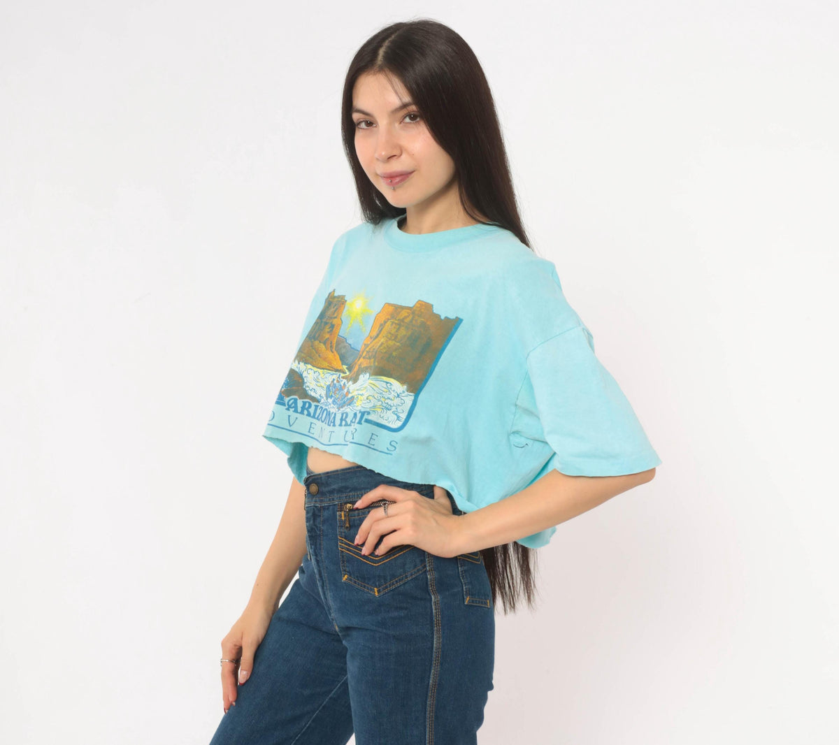 80s Arizona Raft Adventures Crop Top Light Blue Cotton Tee Stedman Medium