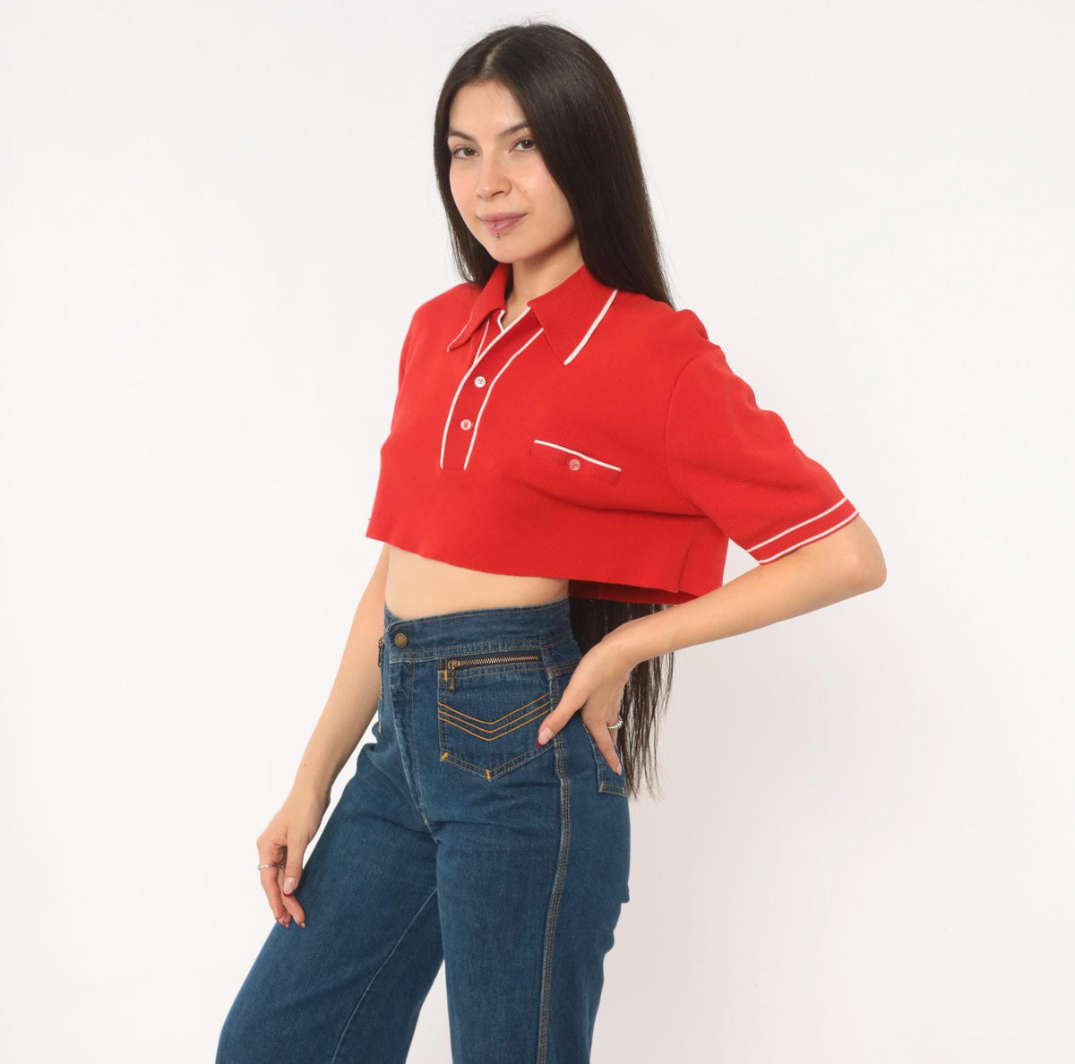 70s Red Cropped Polo White Piping Knit Top Button Front Medium M