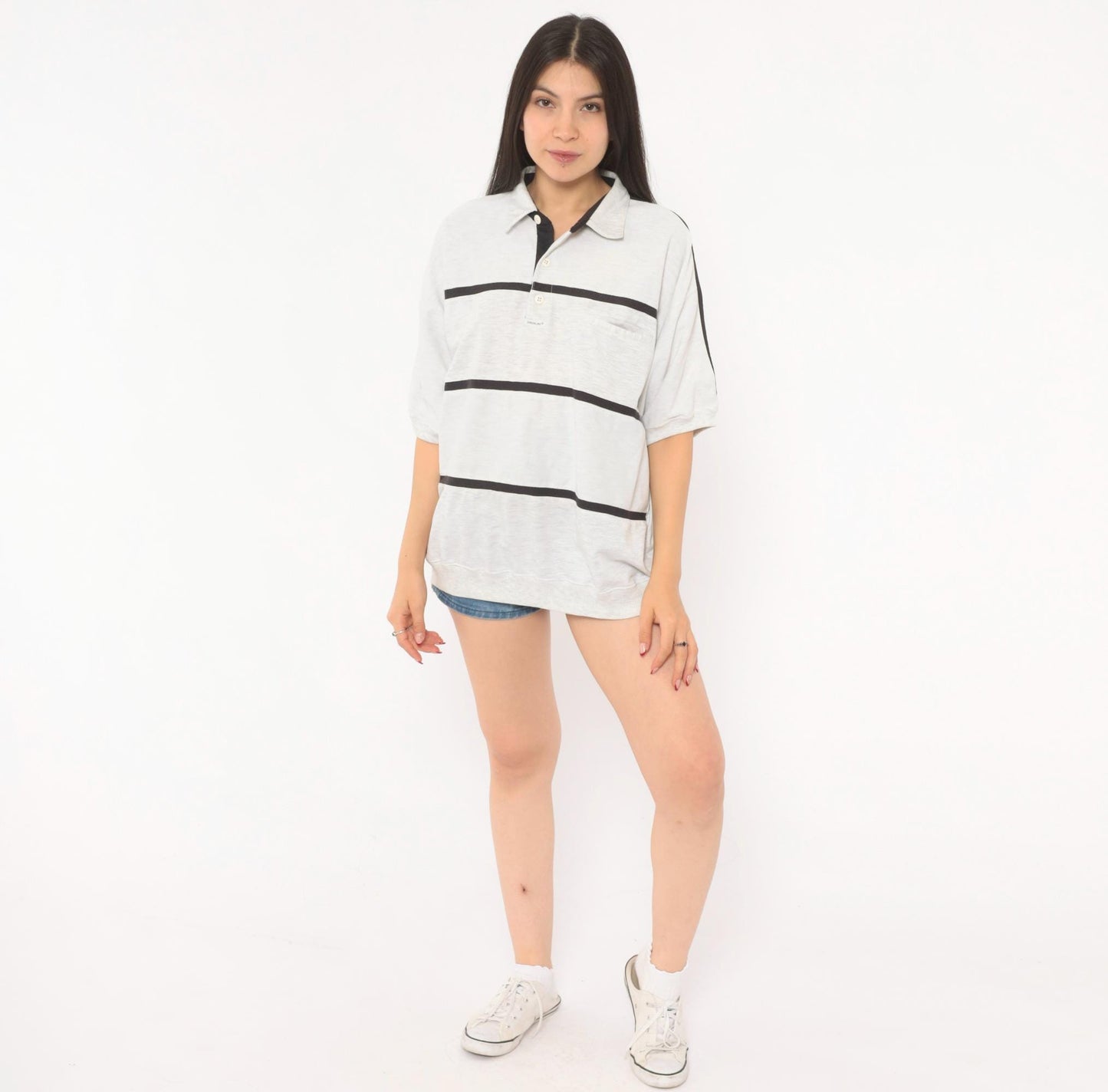 90s Greenline Striped Polo Shirt Grey Black Horizontal Stripes Large L