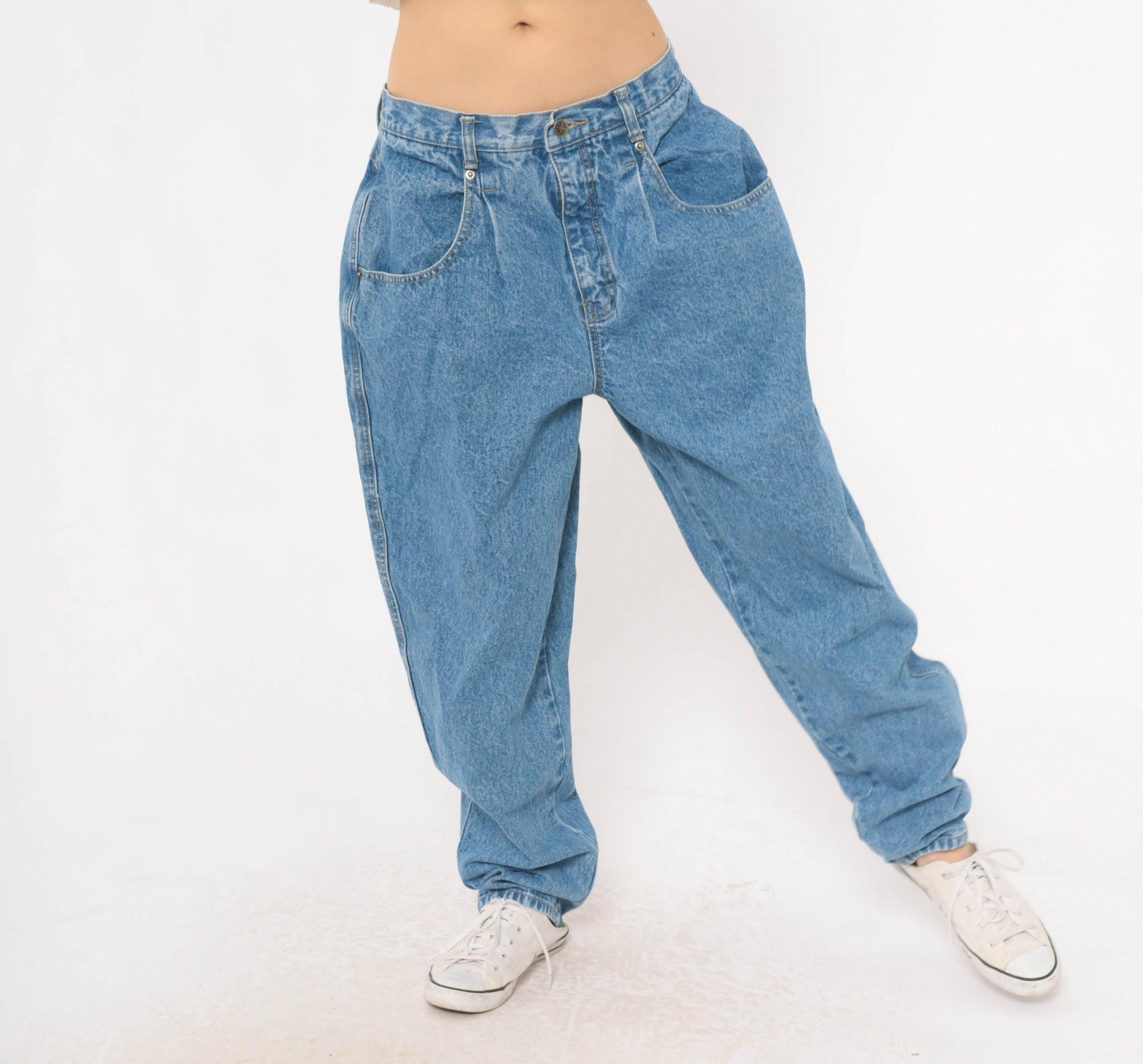 90s Brittania High-Waisted Baggy Jeans Medium Wash Tapered Leg Women's 33
