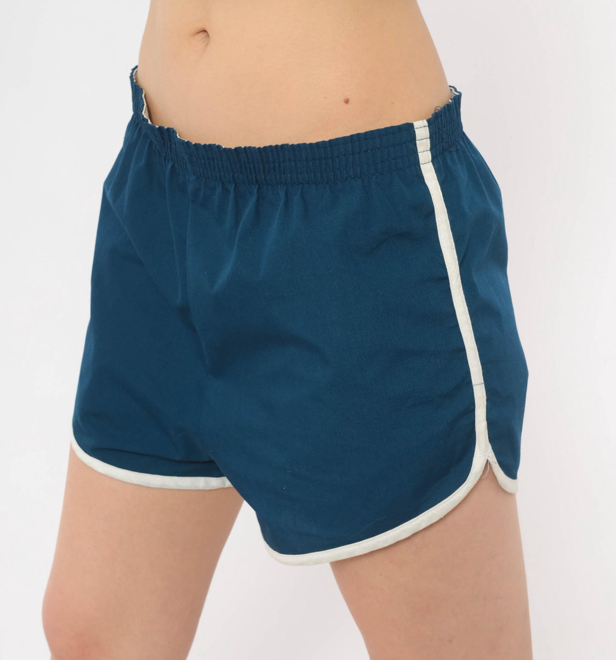 80s Navy Running Shorts White Piping Cotton Dolphin Hem Large L