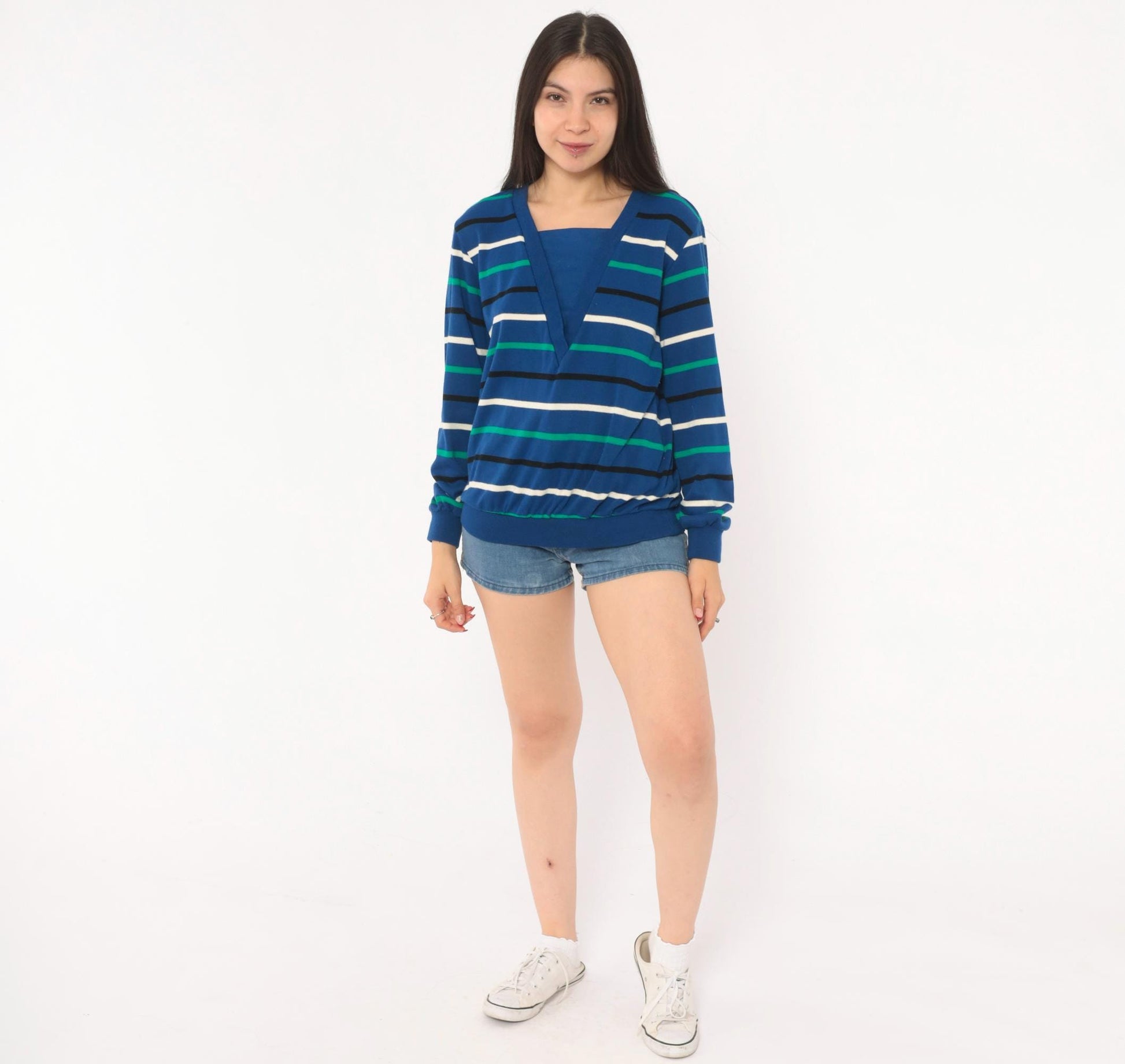 80s Alfred Dunner Striped V-Neck Sweater Cobalt Blue Cotton Knit Small