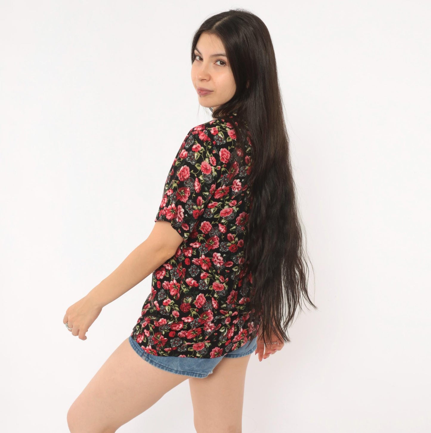 90s Katelyn Rose Black Pink Floral Button Blouse Short Sleeve Small S