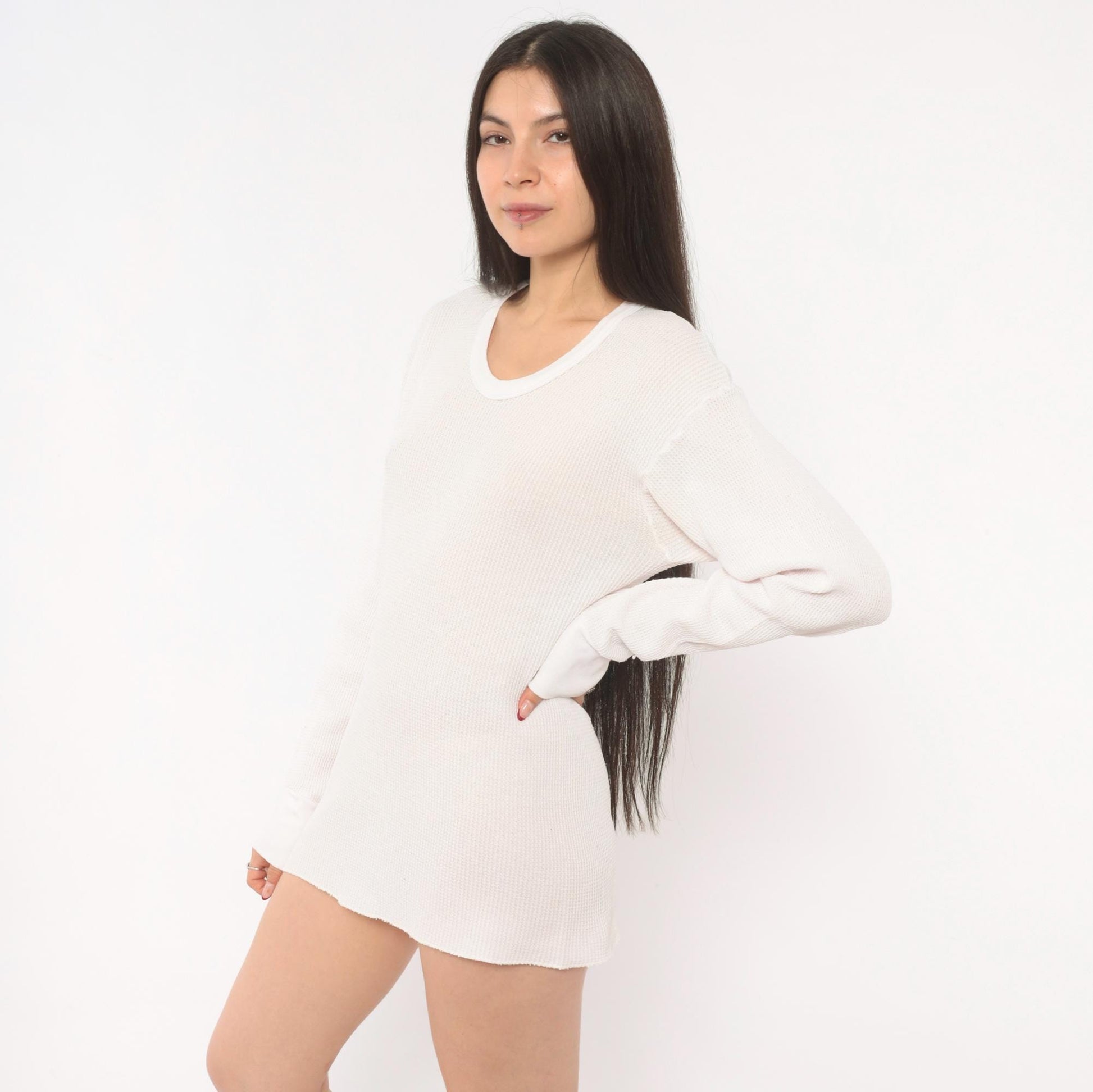 90s Waffle Knit Thermal Ivory Scoop Neck Long Sleeve Cotton Tee Large