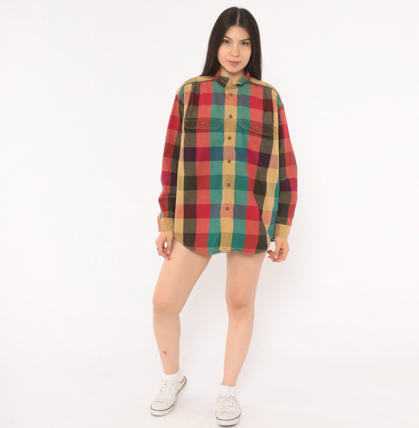 90s Lizwear Plaid Flannel Shirt Button Front Red Teal Cotton Medium