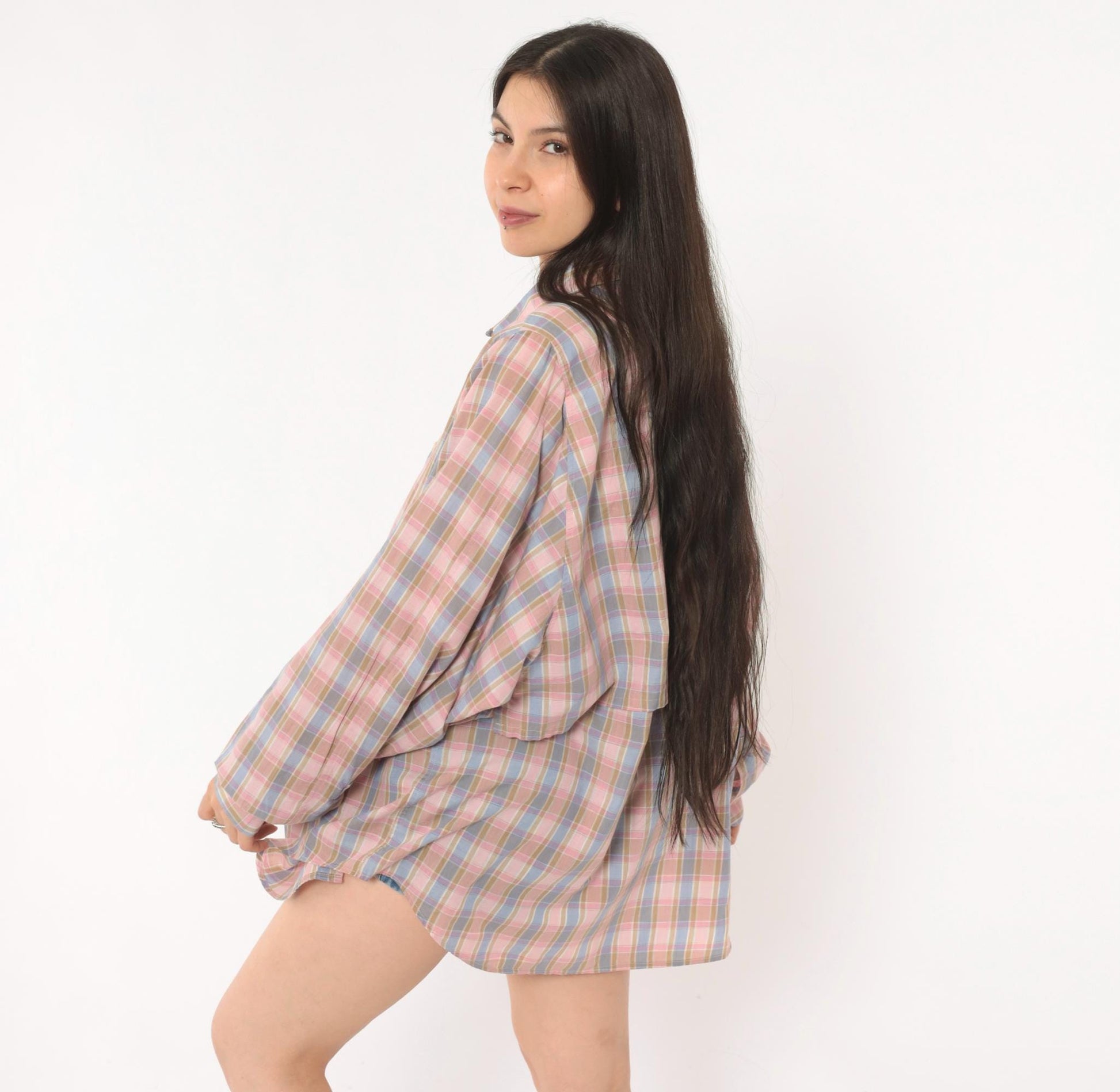 90s Cali Plaid Button Front Shirt Pink Periwinkle Cotton Plus Size 1X