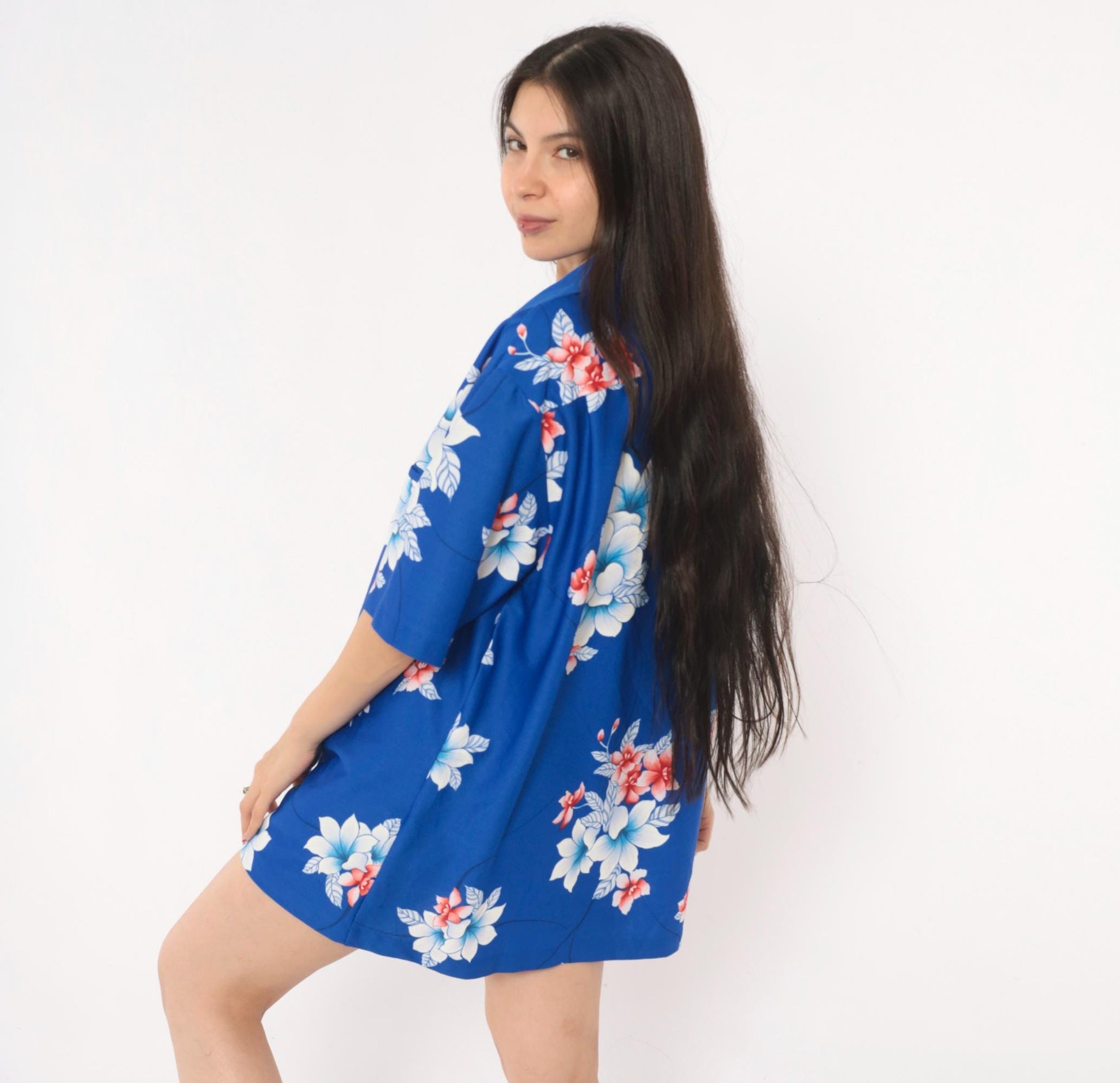 70s Hilo Hatties Hawaiian Shirt Blue Orchid Floral Camp Collar Medium