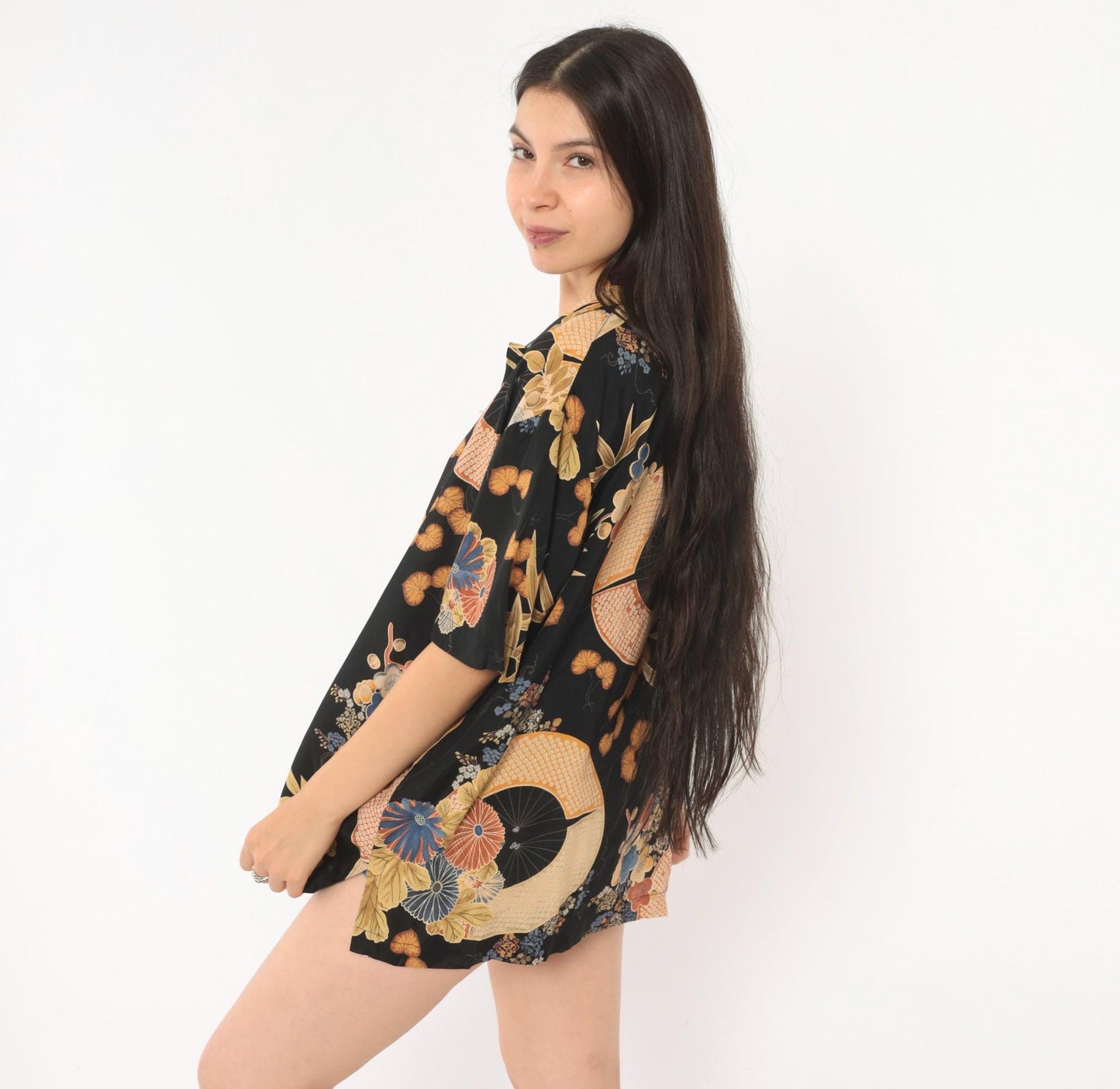 90s Clio Japanese Fan Floral Camp Collar Blouse Black Gold Rayon Large L