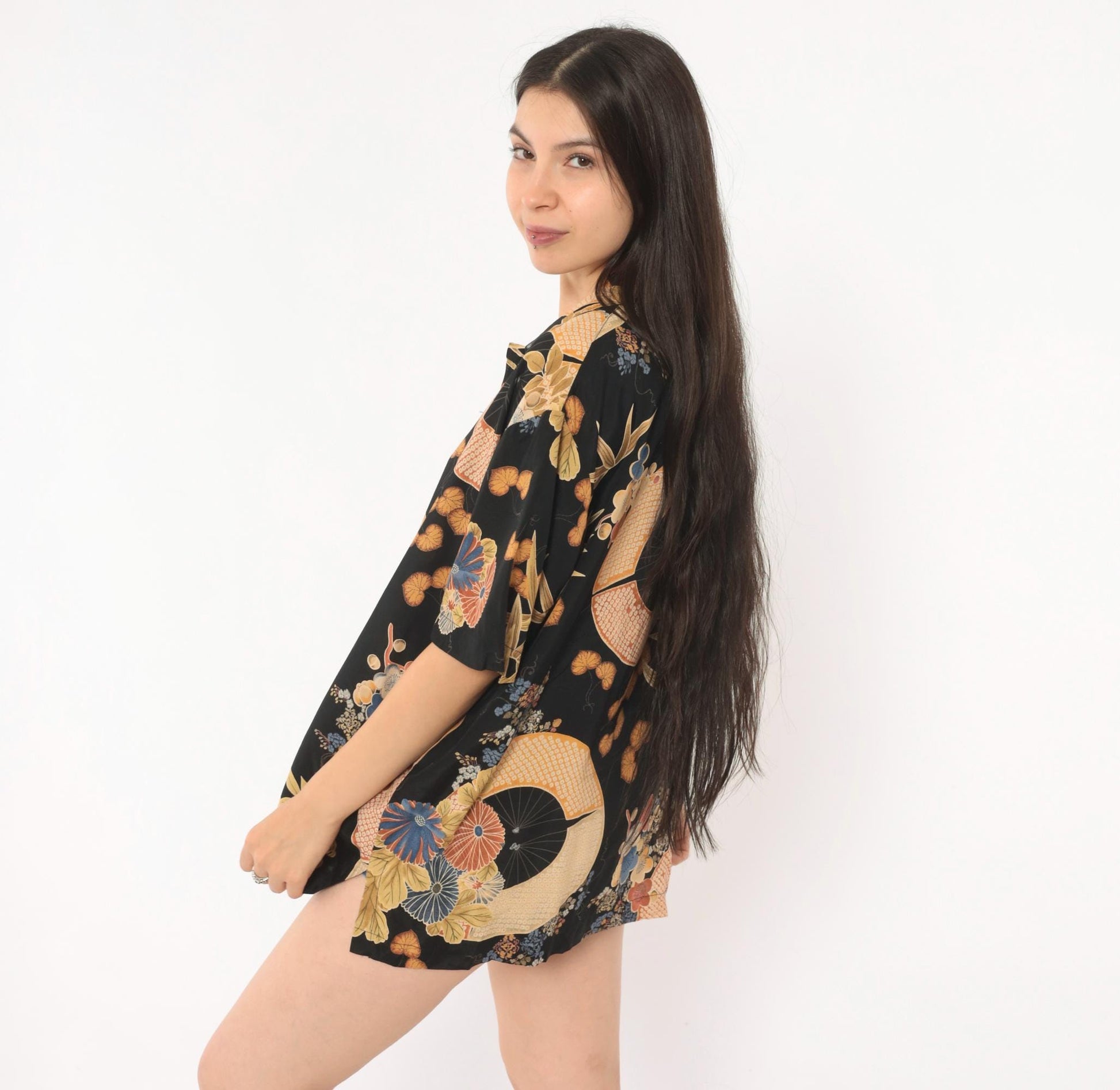 90s Clio Japanese Fan Floral Camp Collar Blouse Black Gold Rayon Large L