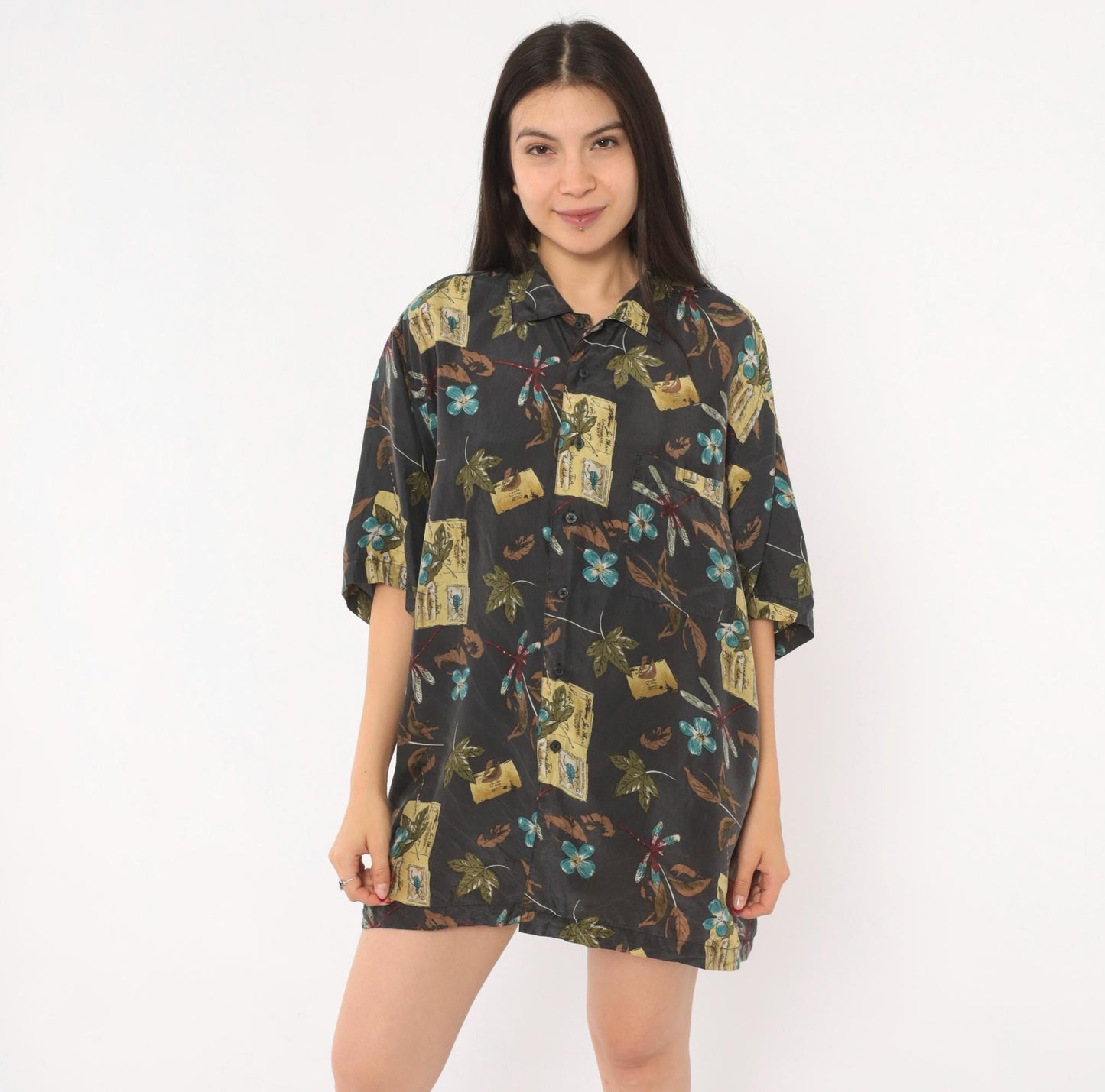 Y2K Firethorn Silk Camp Collar Shirt Dragonfly Botanical Print Teal Medium M