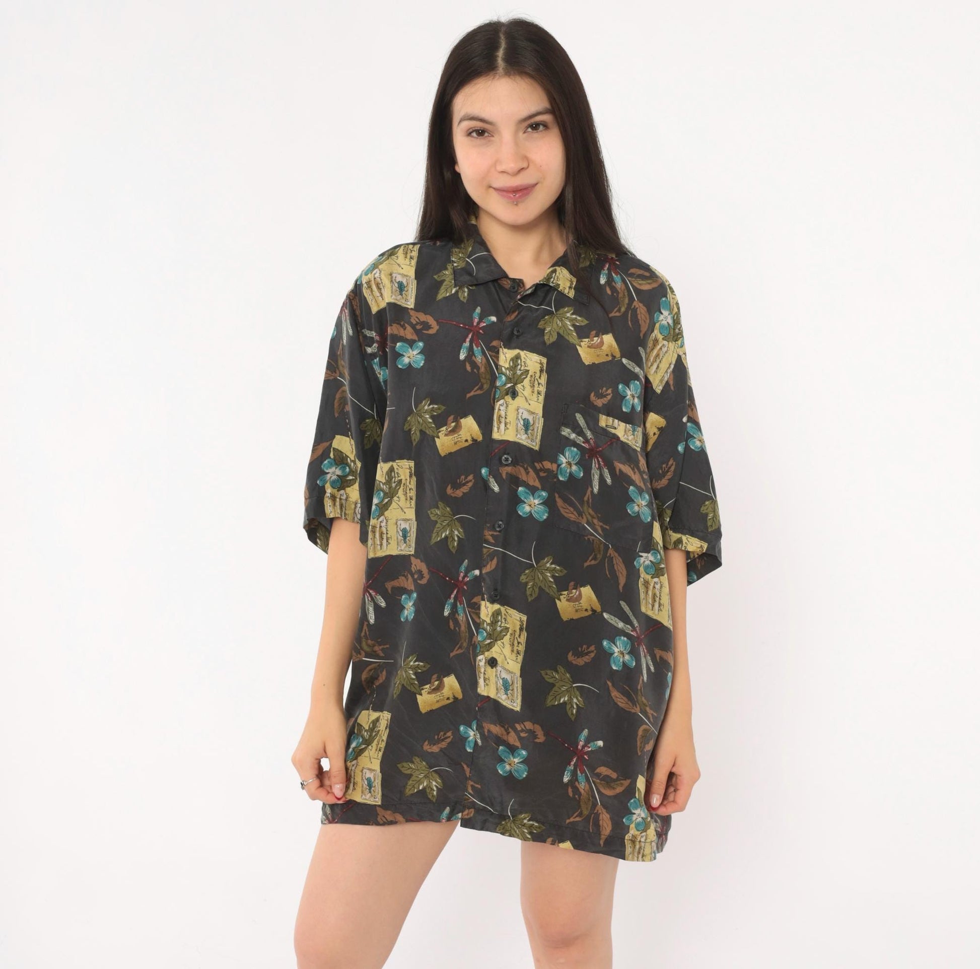 Y2K Firethorn Silk Camp Collar Shirt Dragonfly Botanical Print Teal Medium M