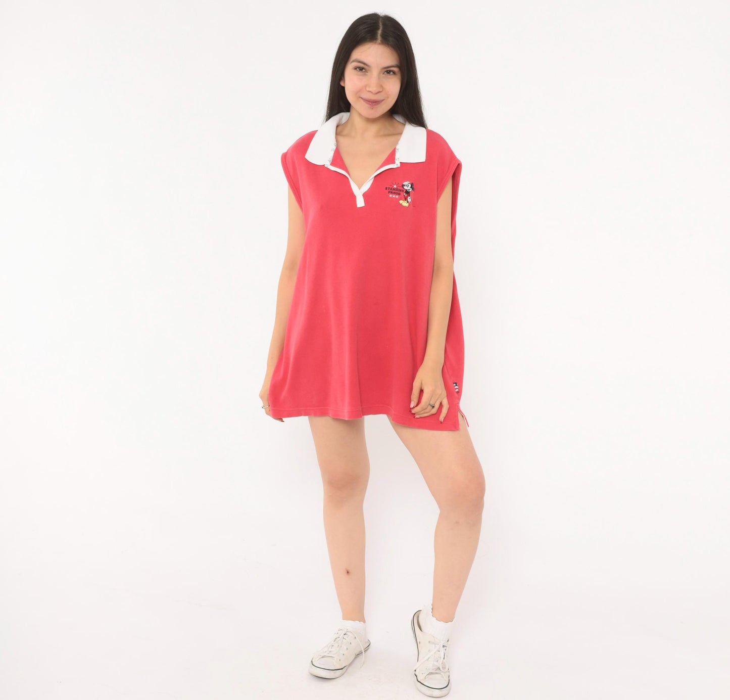 Y2K Mickey Mouse Disney Polo Shirt Embroidered Red Cotton Cap Sleeve Plus Size XXL