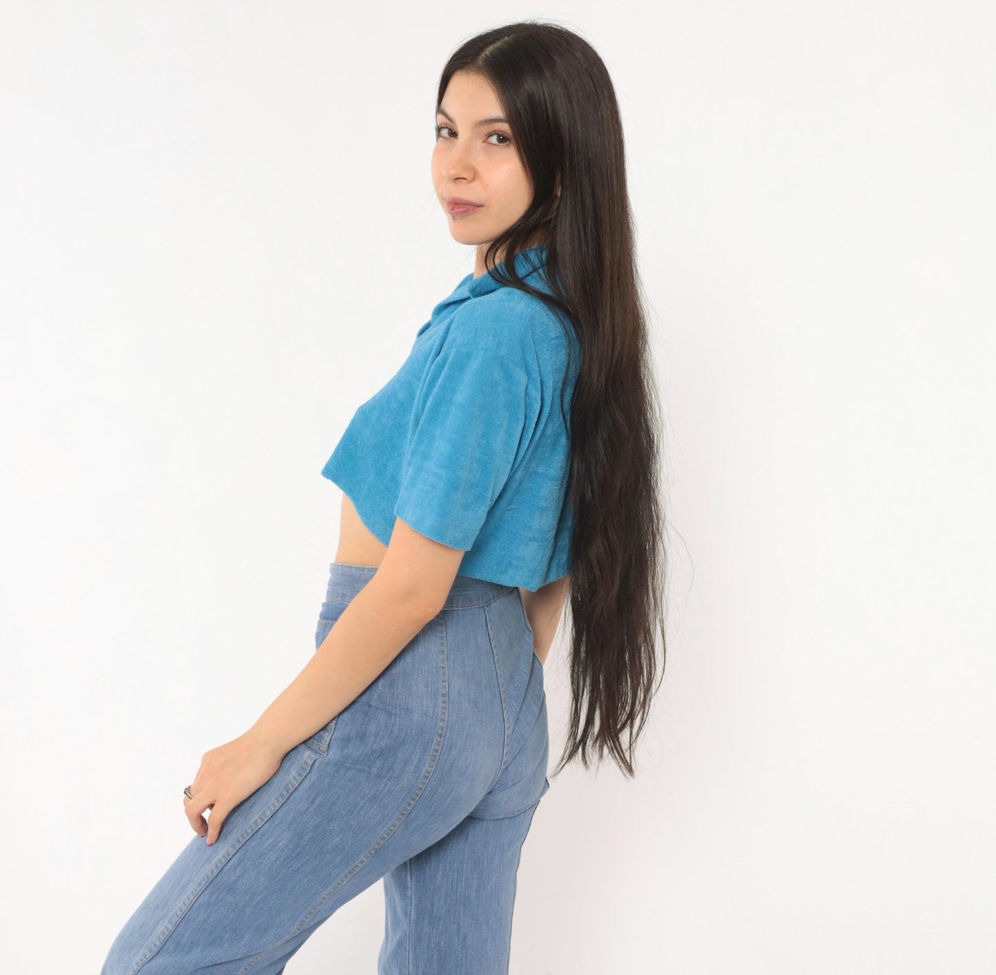 80s Jason Maxwell Terry Cloth Crop Top Blue Polo Collar Small Medium