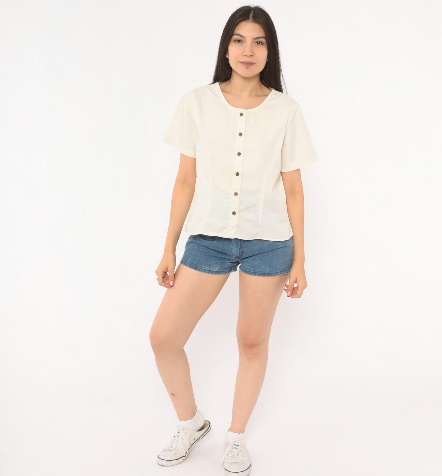 Y2K REI Cream Cotton Button-Front Blouse Short Sleeve Small