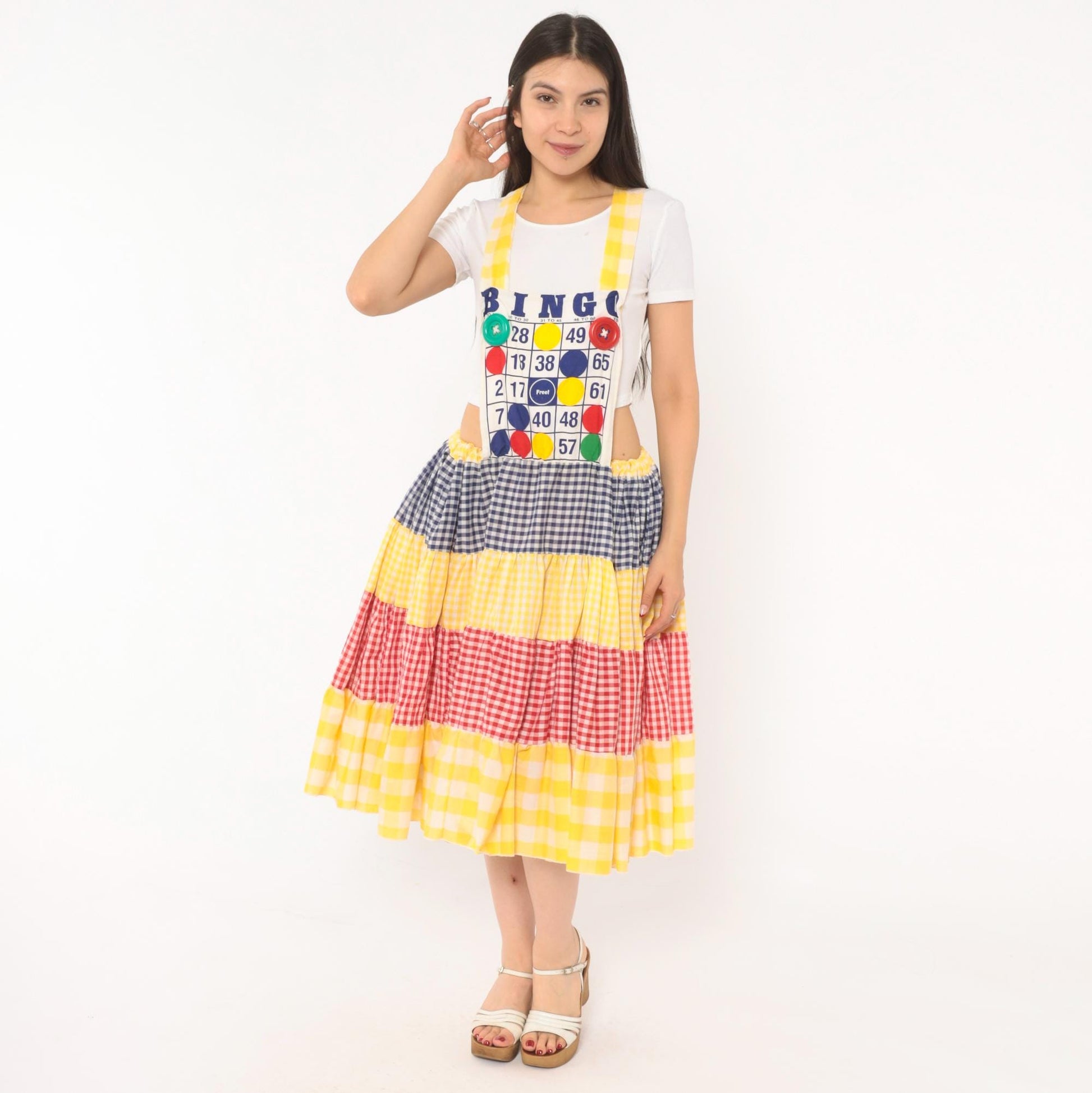 80s Bingo Card Cotton Pinafore Jumper Dress Tiered Gingham Navy Yellow Red Medium Large