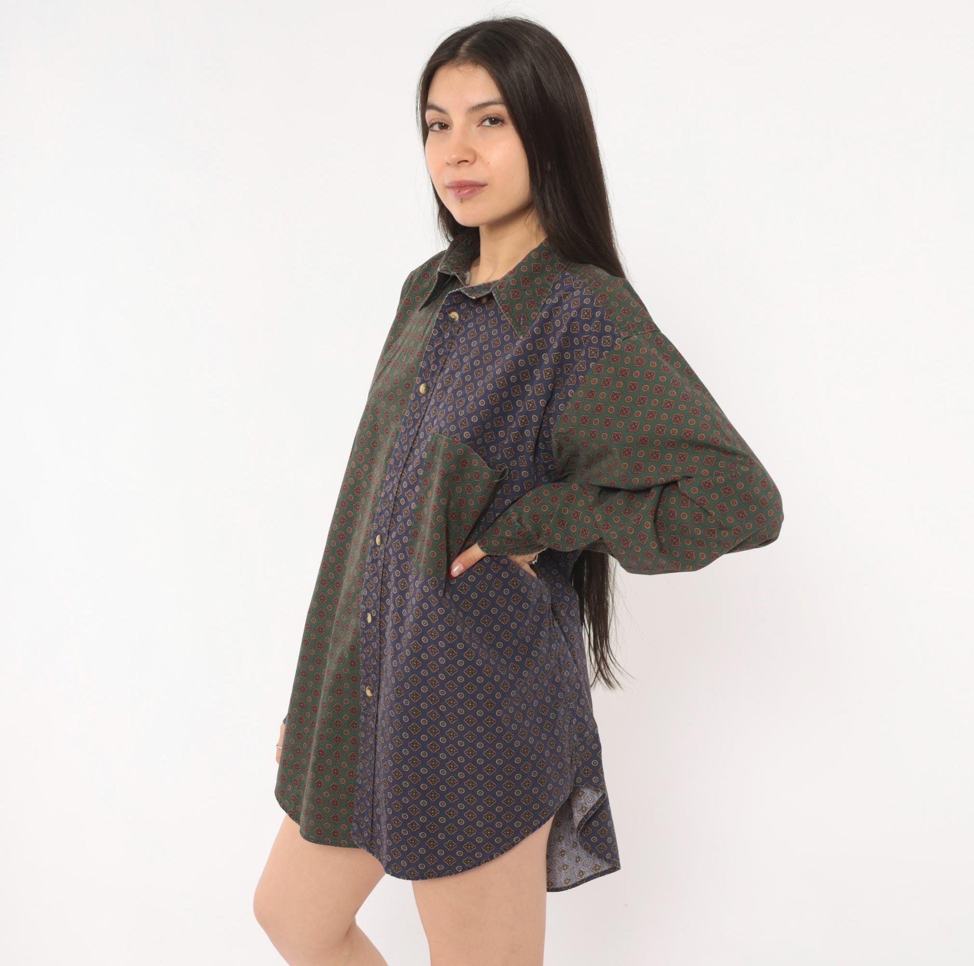 90s Nautica Patchwork Button Shirt Medallion Print Olive Navy Large L