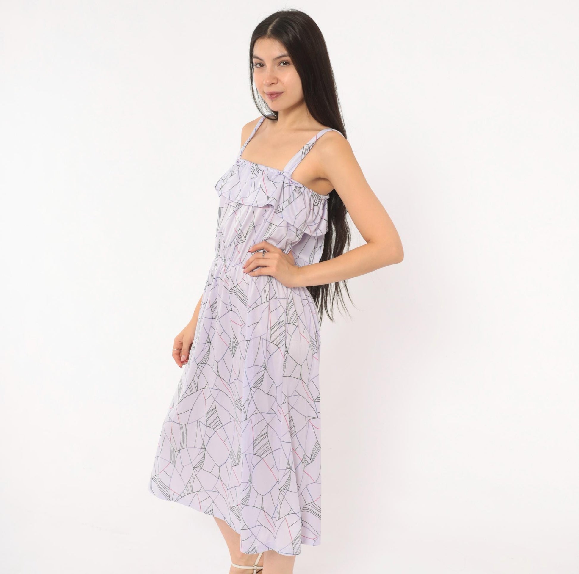 80s Lilac Abstract Geometric Midi Sundress Ruffle Bodice Strappy Small