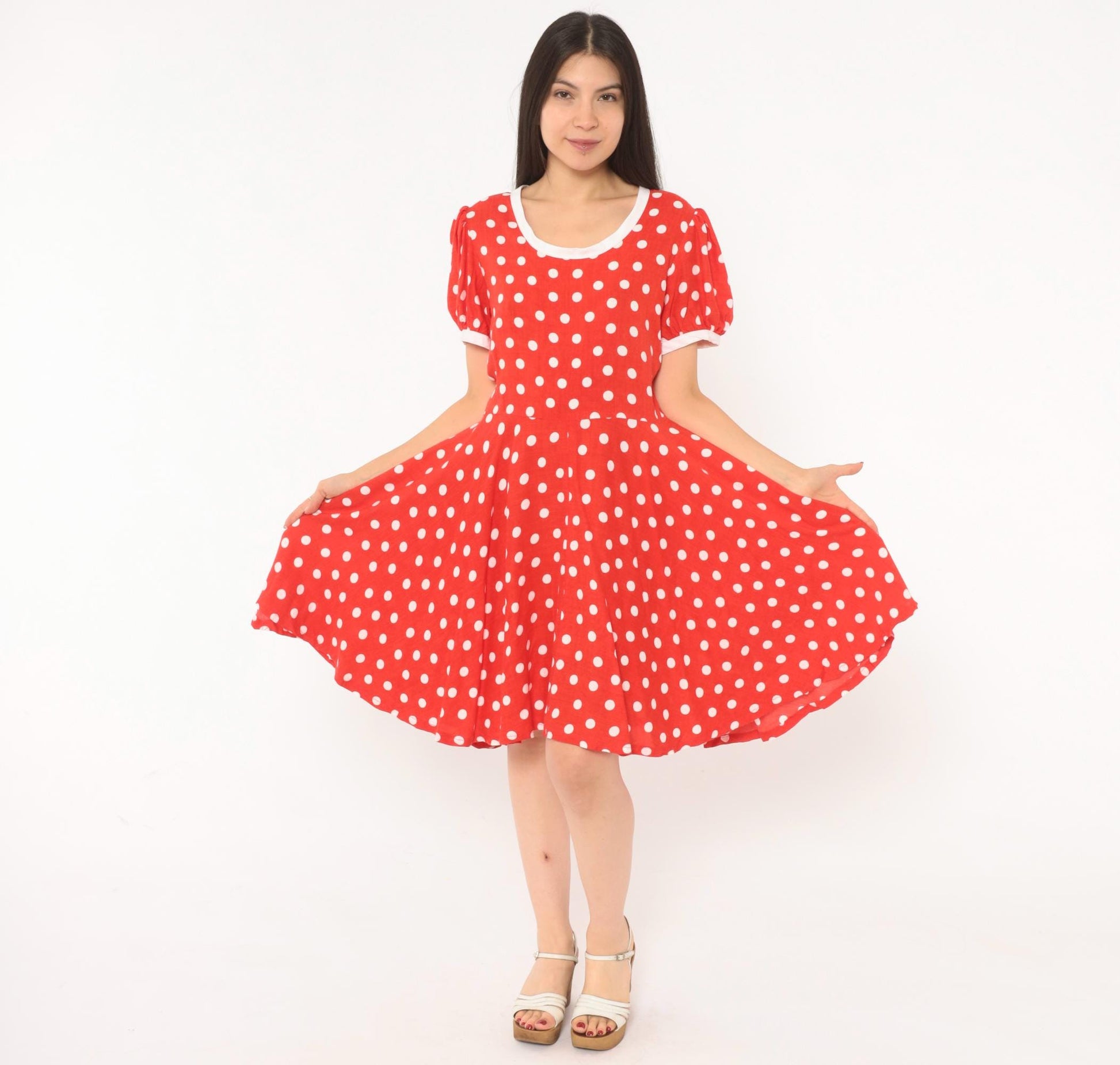 80s Red White Polka Dot Babydoll Dress Puff Sleeve Cotton Swing Mini Small