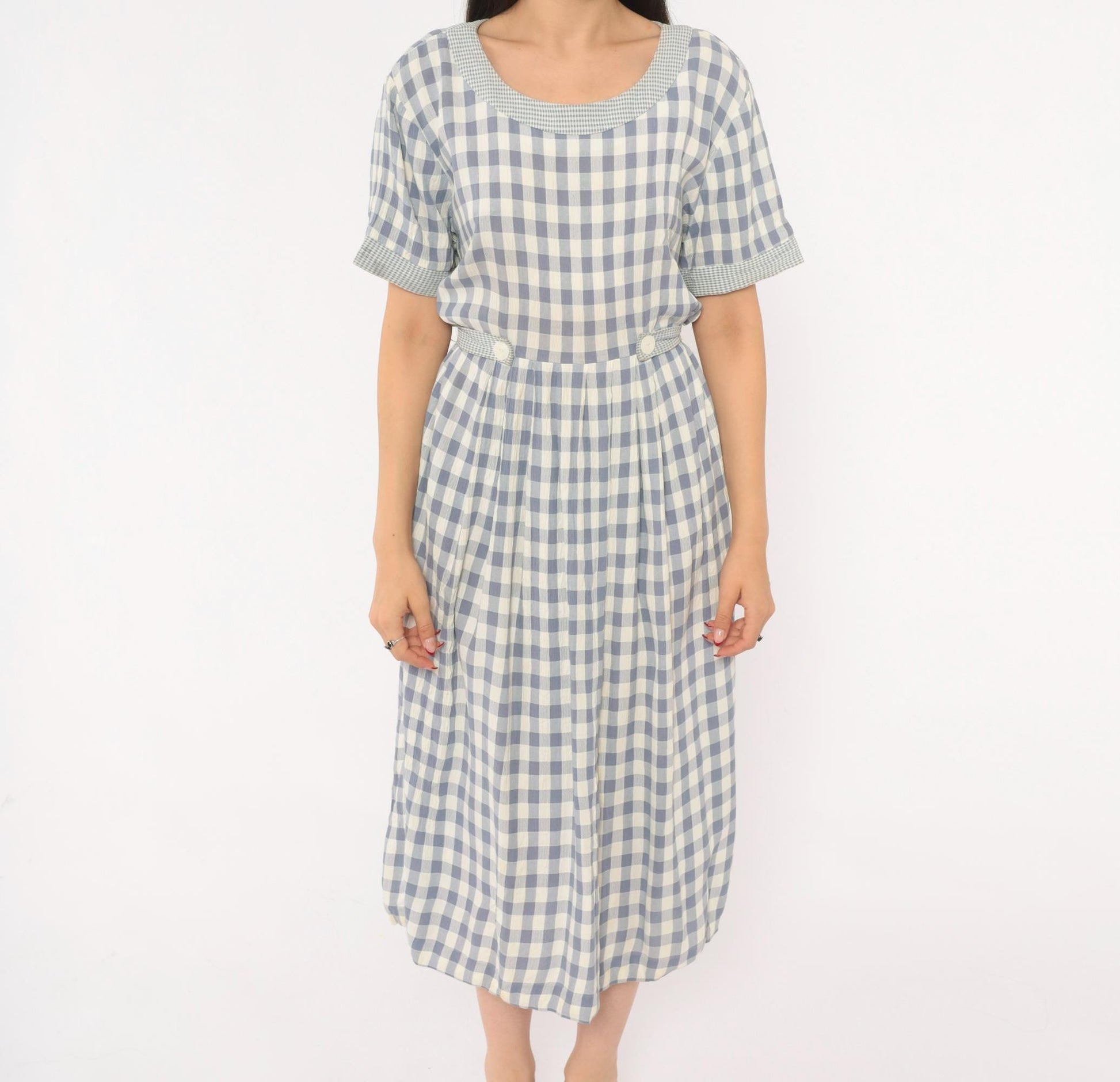 90s SL Fashions Gingham Midi Dress Blue White Check Button Back Medium