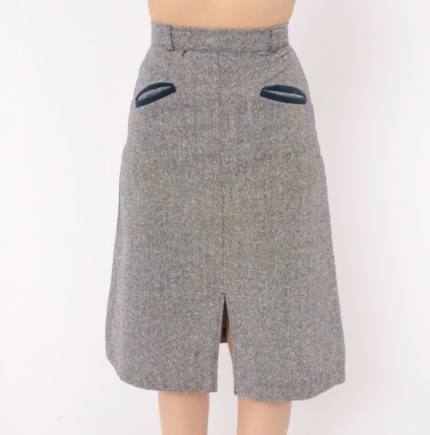 70s Navy Grey Tweed A-Line Skirt High Waist Welt Pocket Wool Blend Extra Small XS