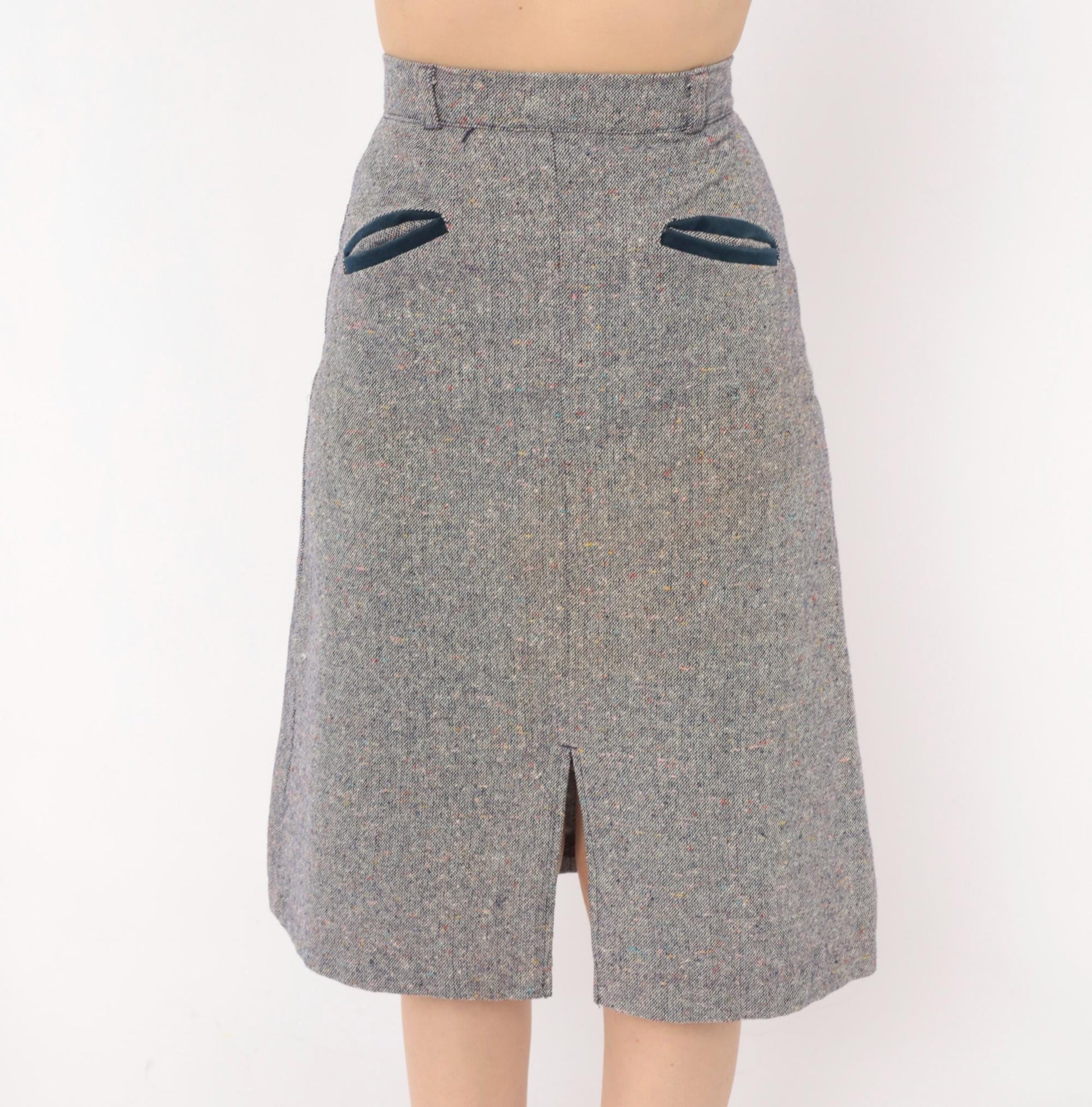 70s Navy Grey Tweed A-Line Skirt High Waist Welt Pocket Wool Blend Extra Small XS