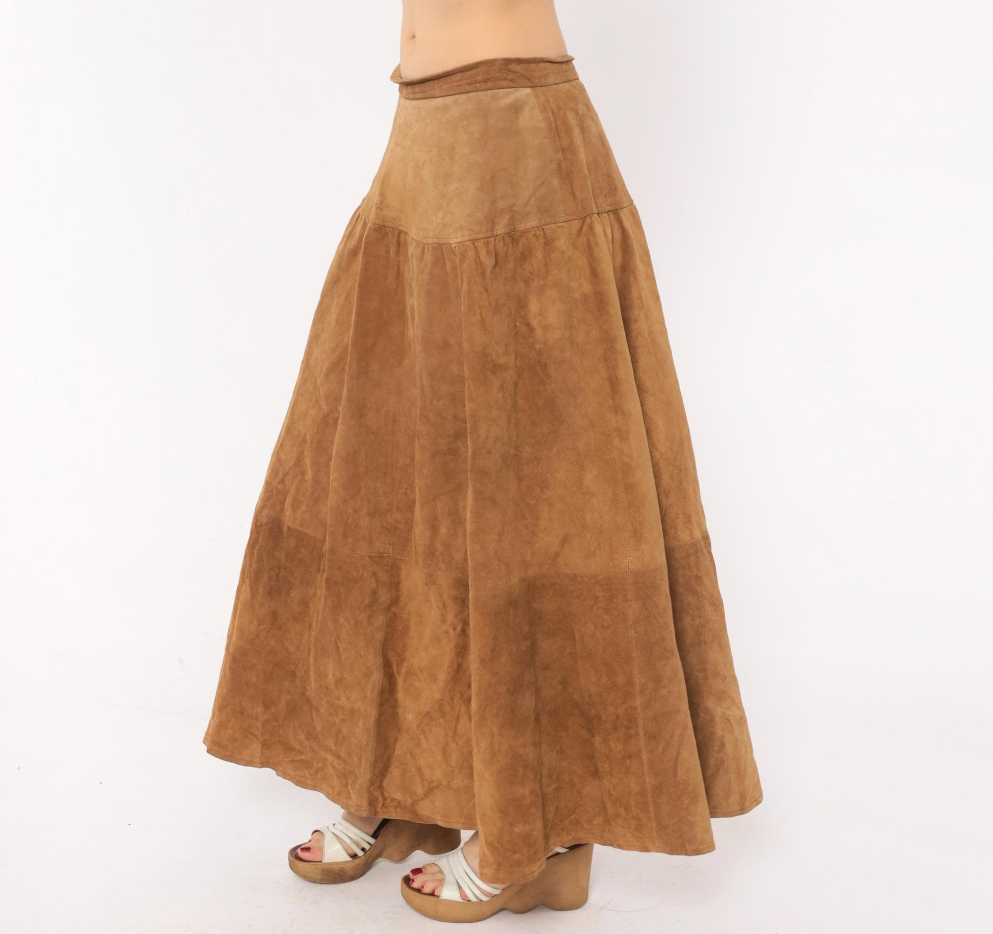 90s JH Collectibles Suede Maxi Skirt Tan A-Line Tiered Medium M