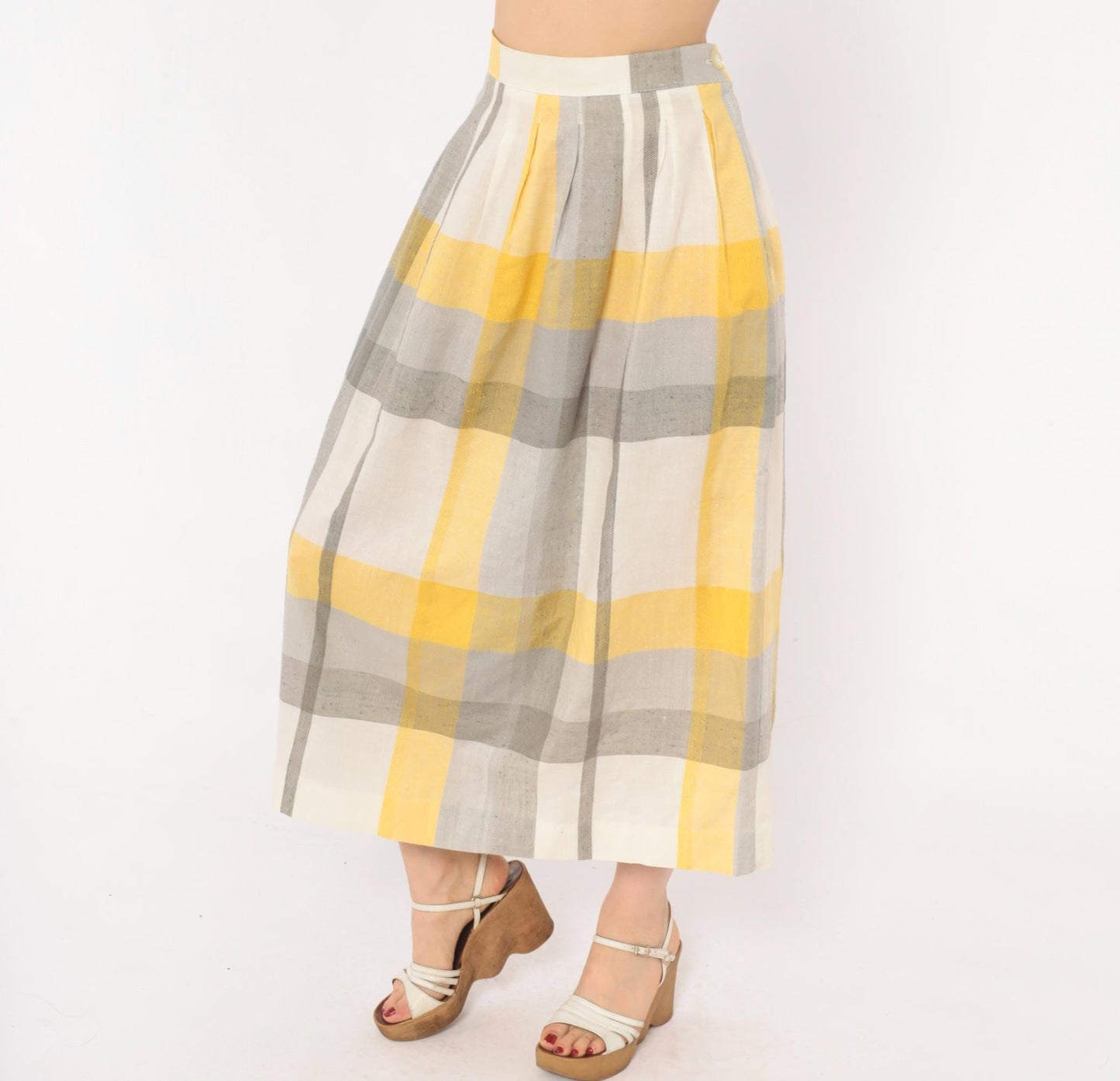 80s Stag & Co Plaid Midi Skirt Yellow Grey Ivory High Waist Pleated Medium