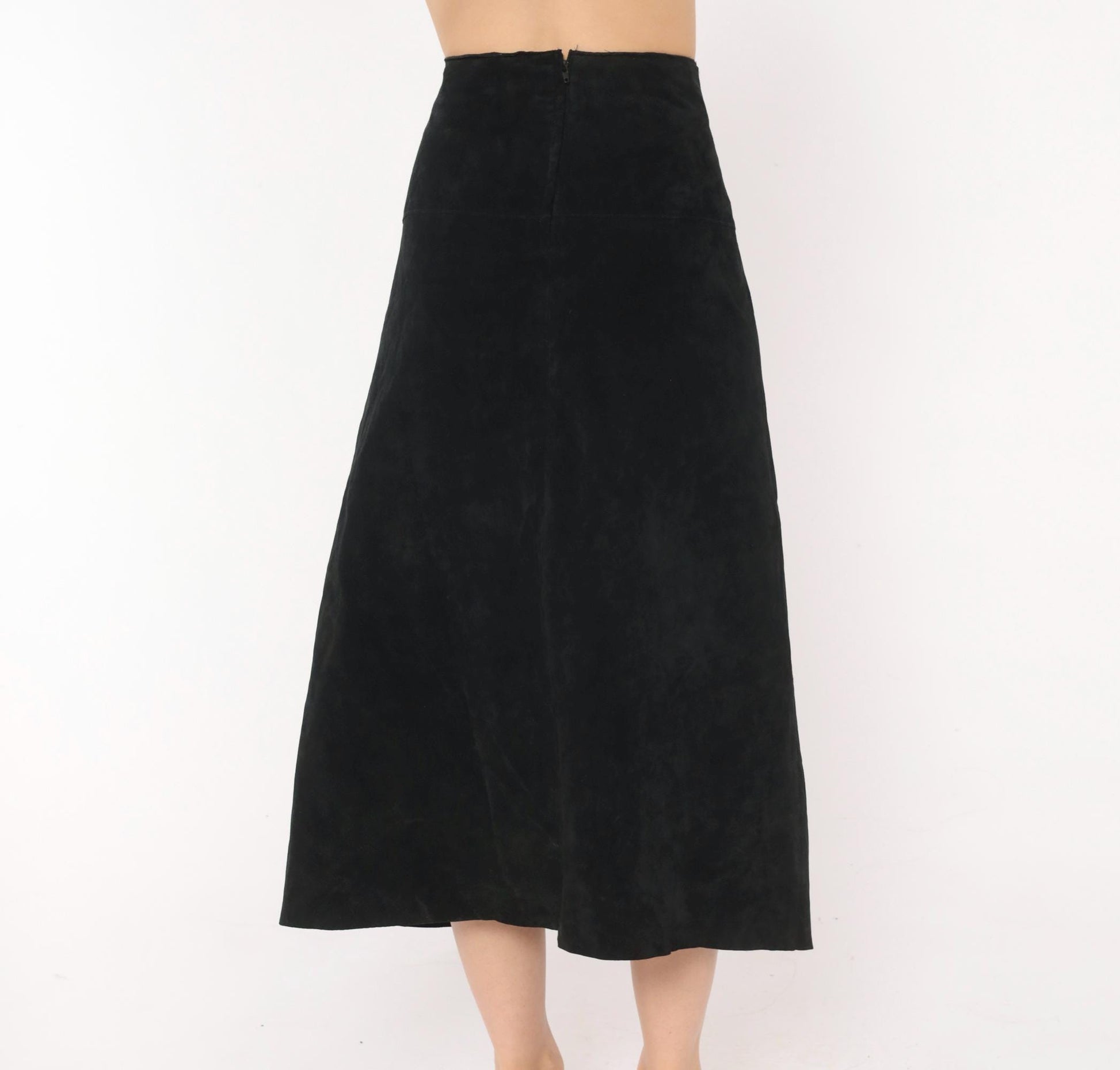 90s Black Suede A-Line Midi Skirt High Waist Paneled Large L