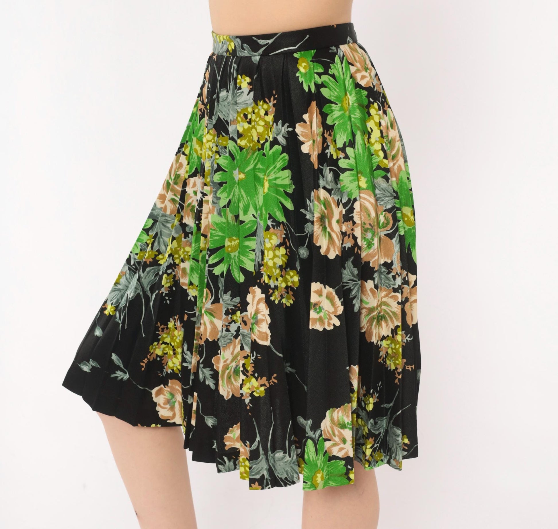 70s Floral Pleated Skirt Black Daisy Rose Print Knee-Length A-Line Extra Small
