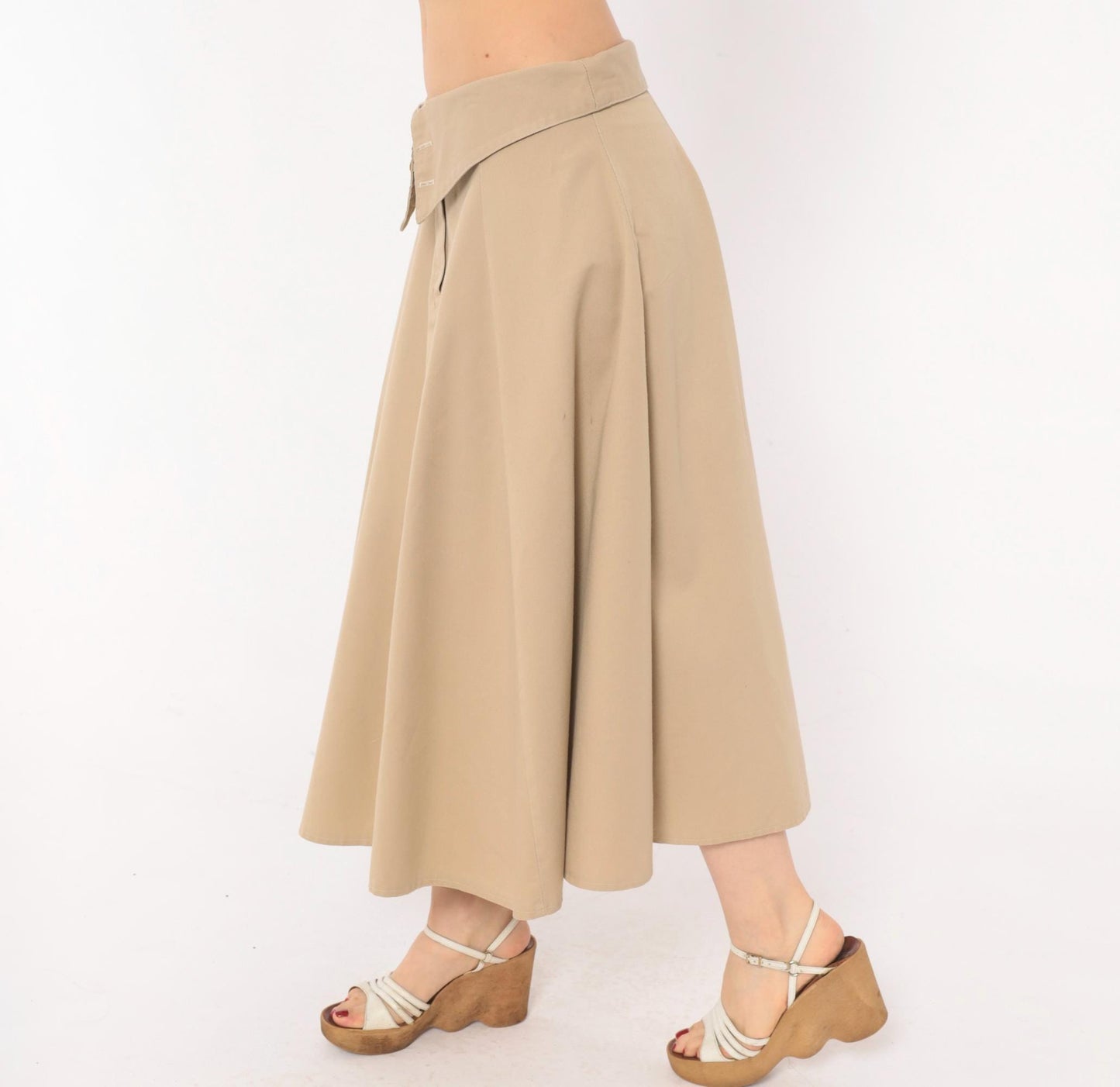 90s Tan A-Line Midi Skirt Fold-Over Waistband Button Front Medium