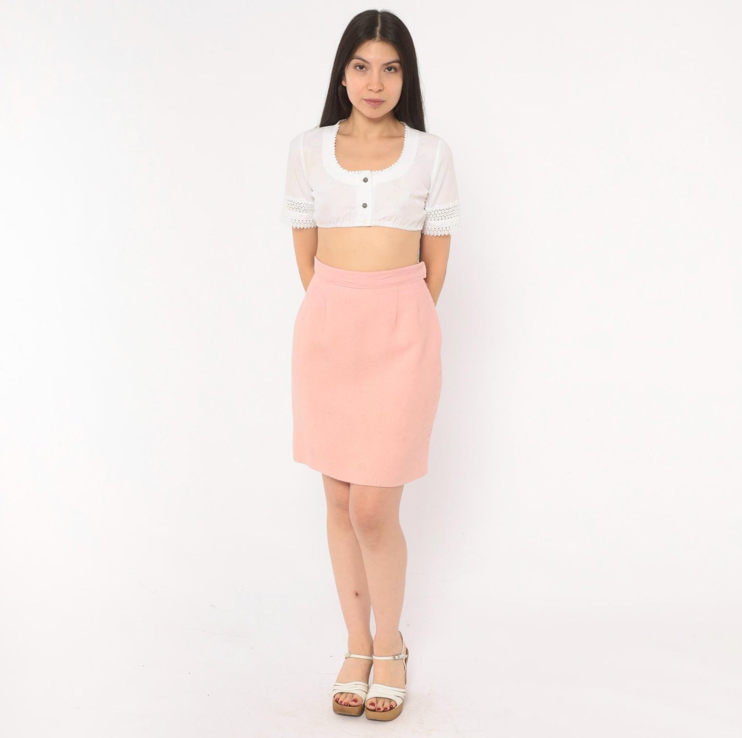 60s Blush Pink Wool Mini Skirt A-Line High Waist Extra Small XS