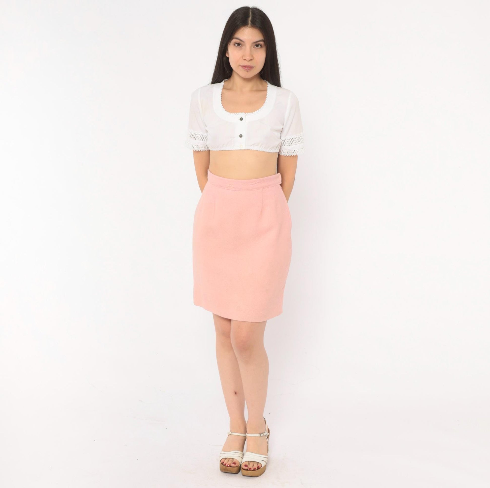 60s Blush Pink Wool Mini Skirt A-Line High Waist Extra Small XS