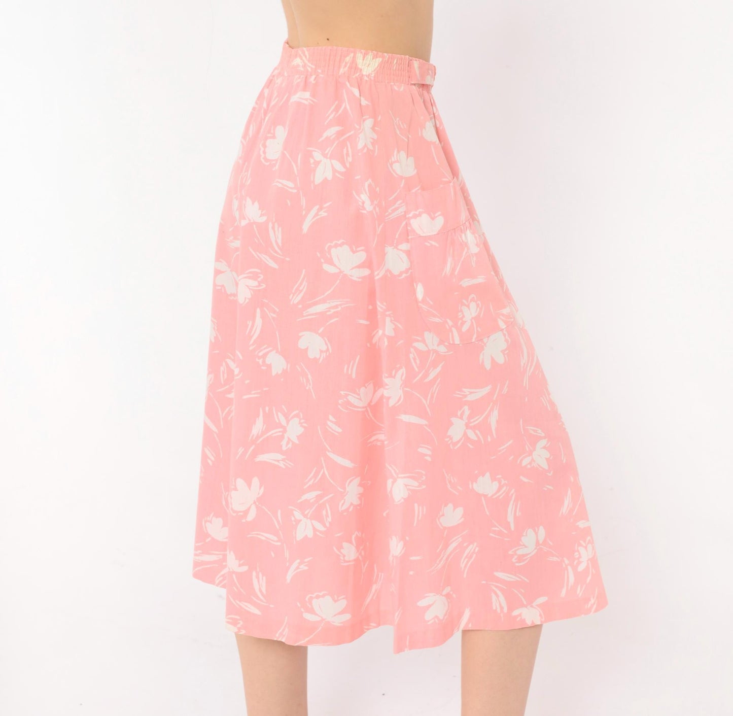 80s Ann Michele Pink Floral Midi Skirt White Tulip Print Small