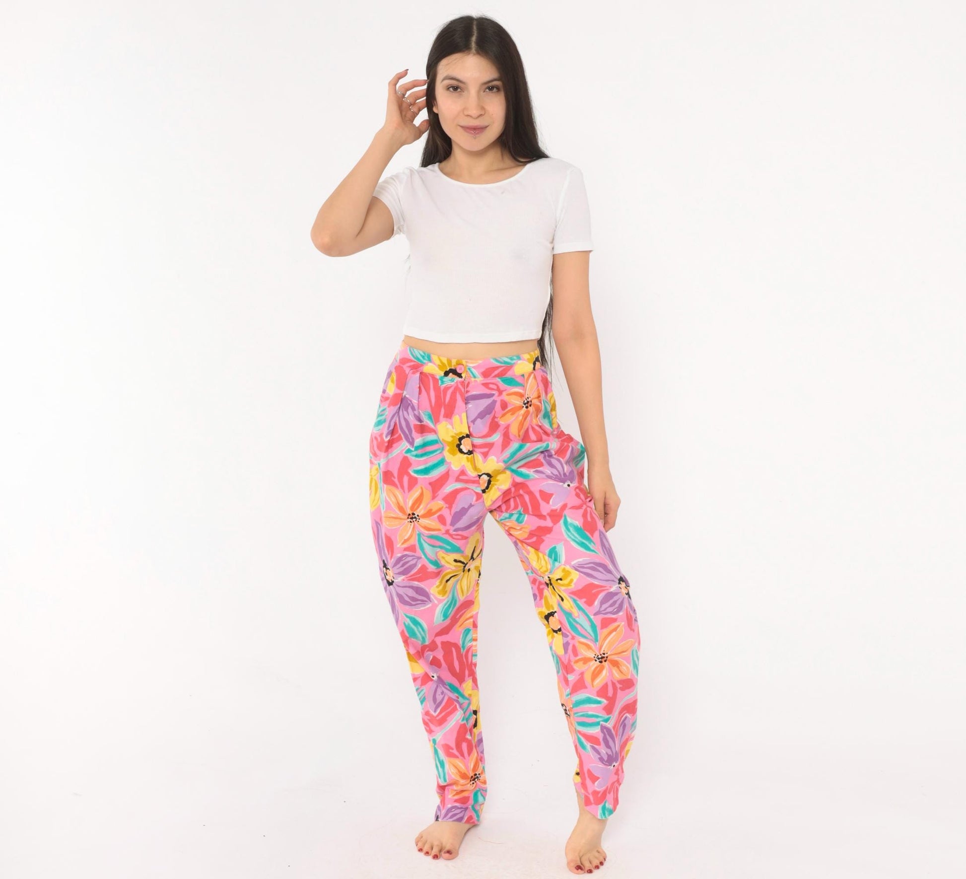 90s Charles Glueck Tropical Floral Tapered Pants Pink Purple High Waist Small