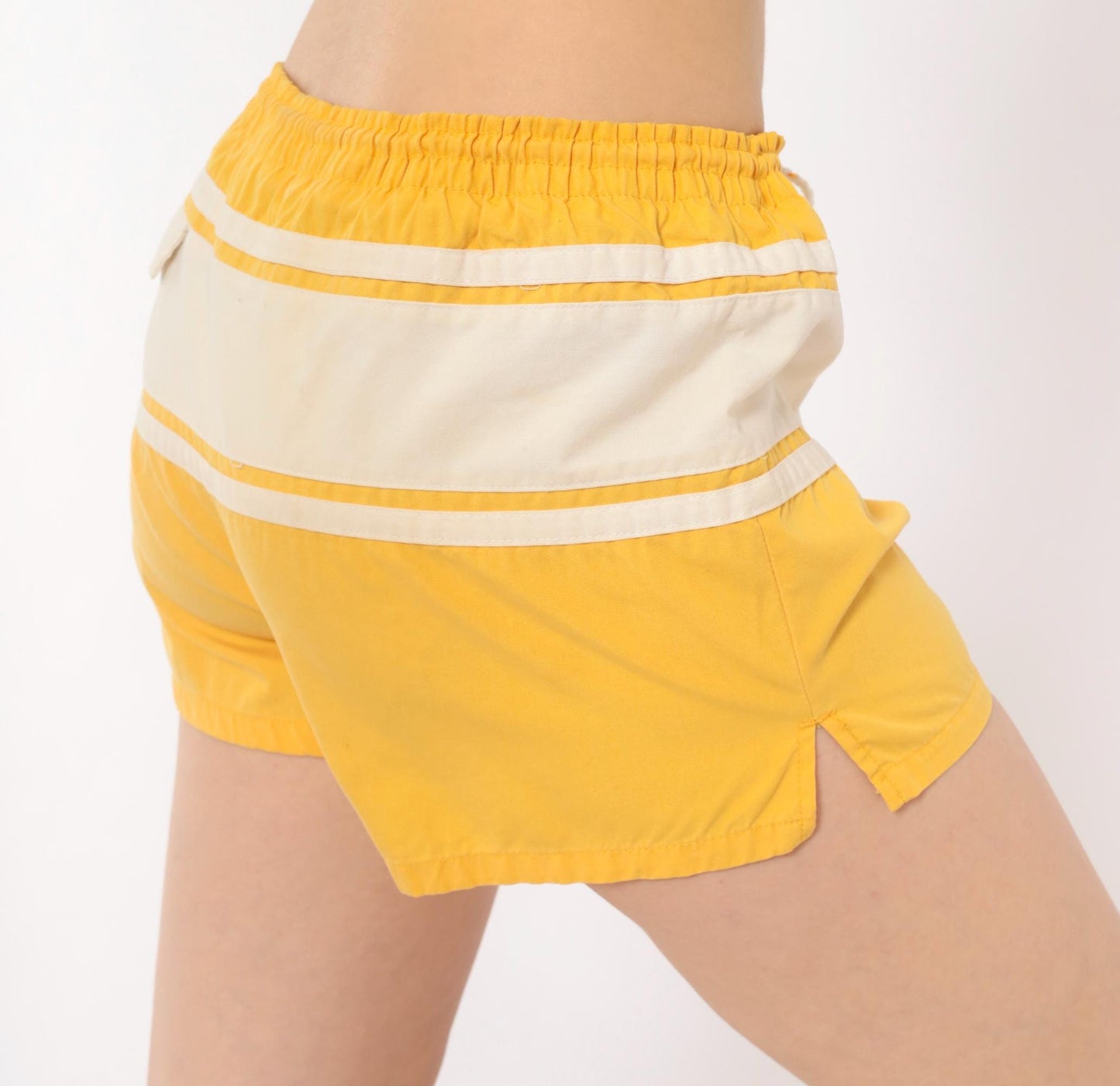 80s Run Ins Yellow Striped Swim Shorts White Band Medium