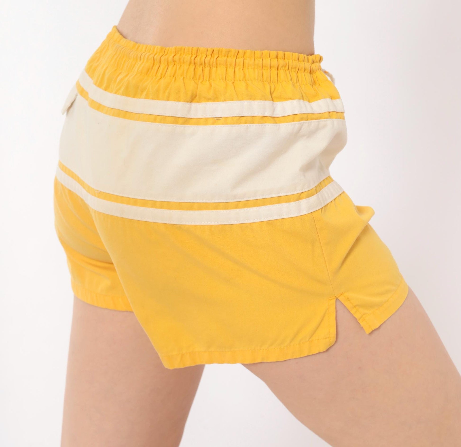 80s Run Ins Yellow Striped Swim Shorts White Band Medium