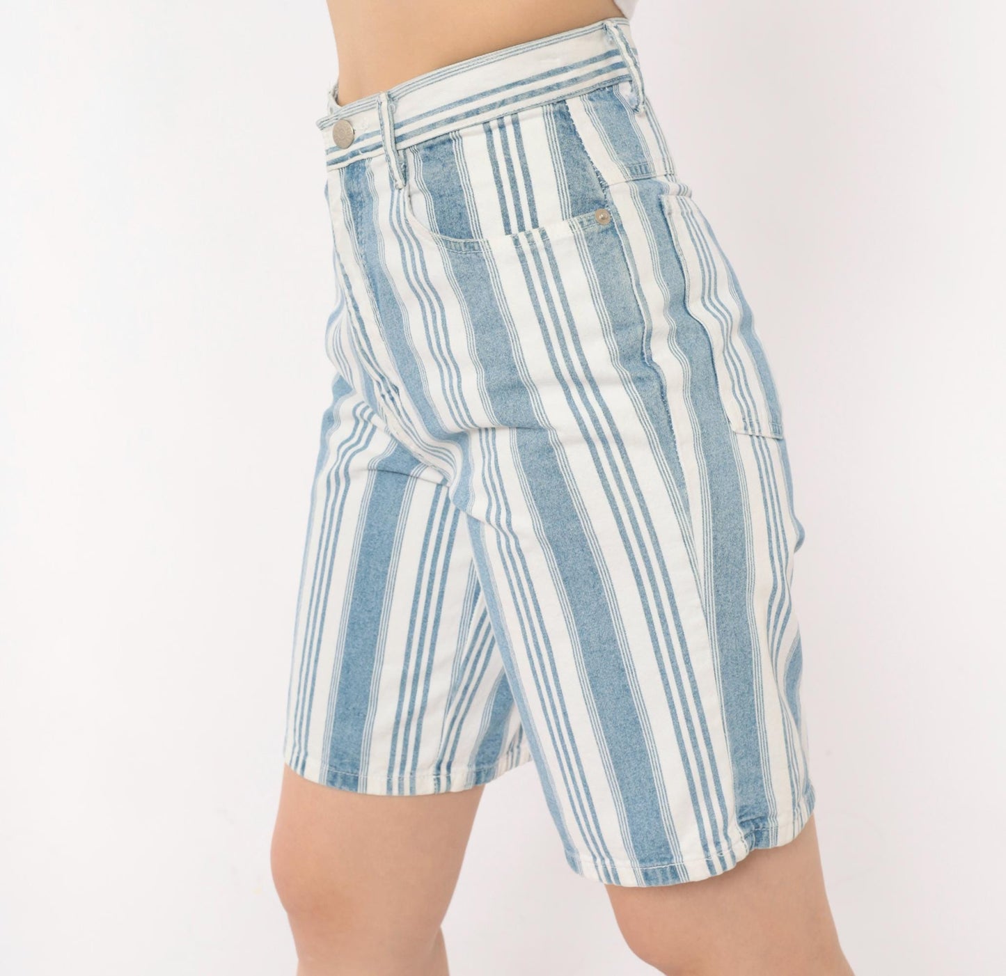 90s Mixed Blues Striped Denim Shorts High Waist Bermuda Blue White Cotton XS