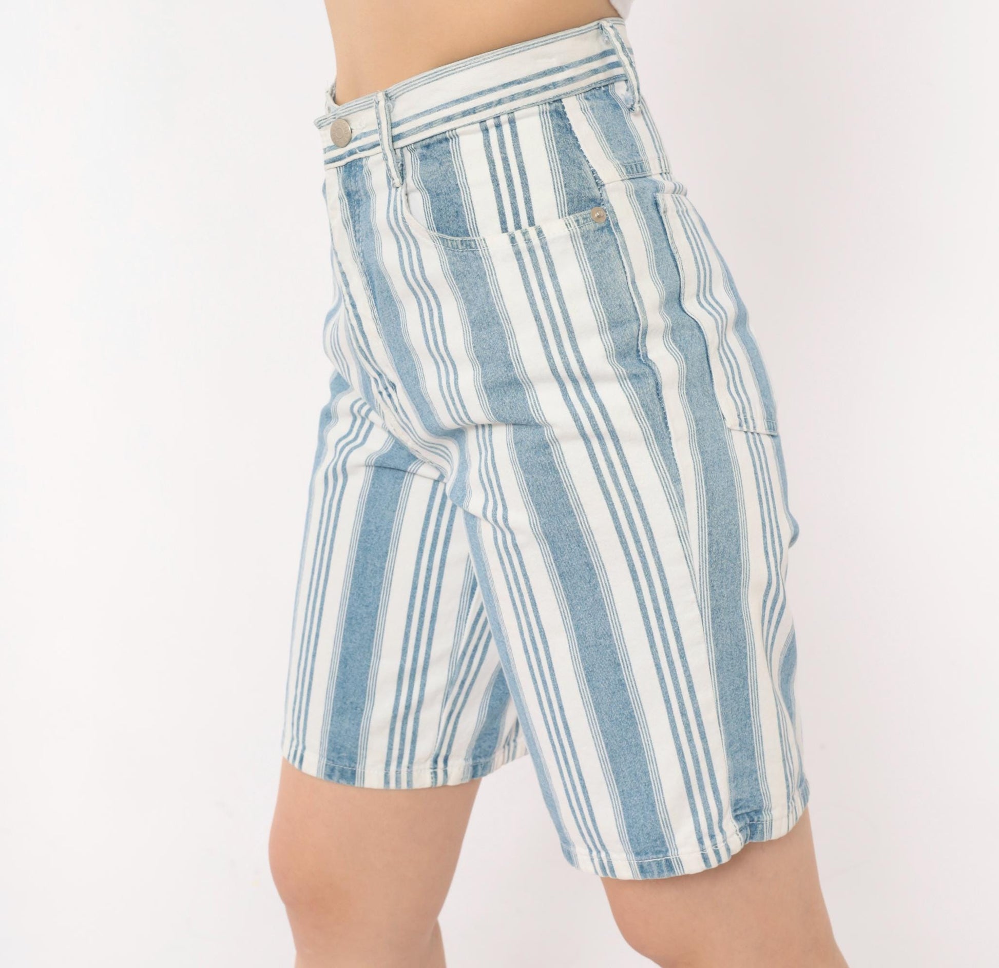 90s Mixed Blues Striped Denim Shorts High Waist Bermuda Blue White Cotton XS