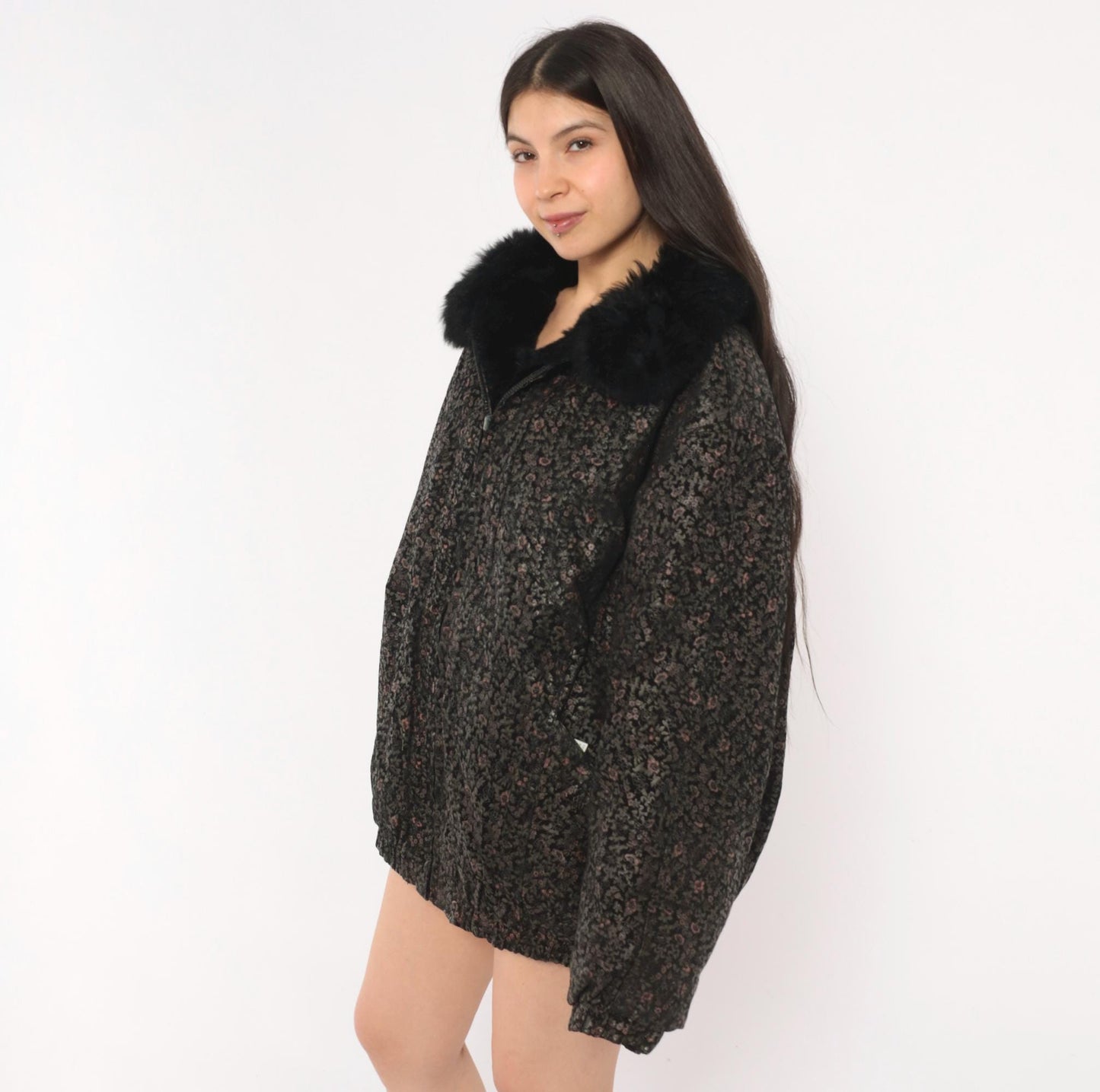 90s Black Floral Suede Bomber Jacket Faux Fur Collar Pink Extra Large