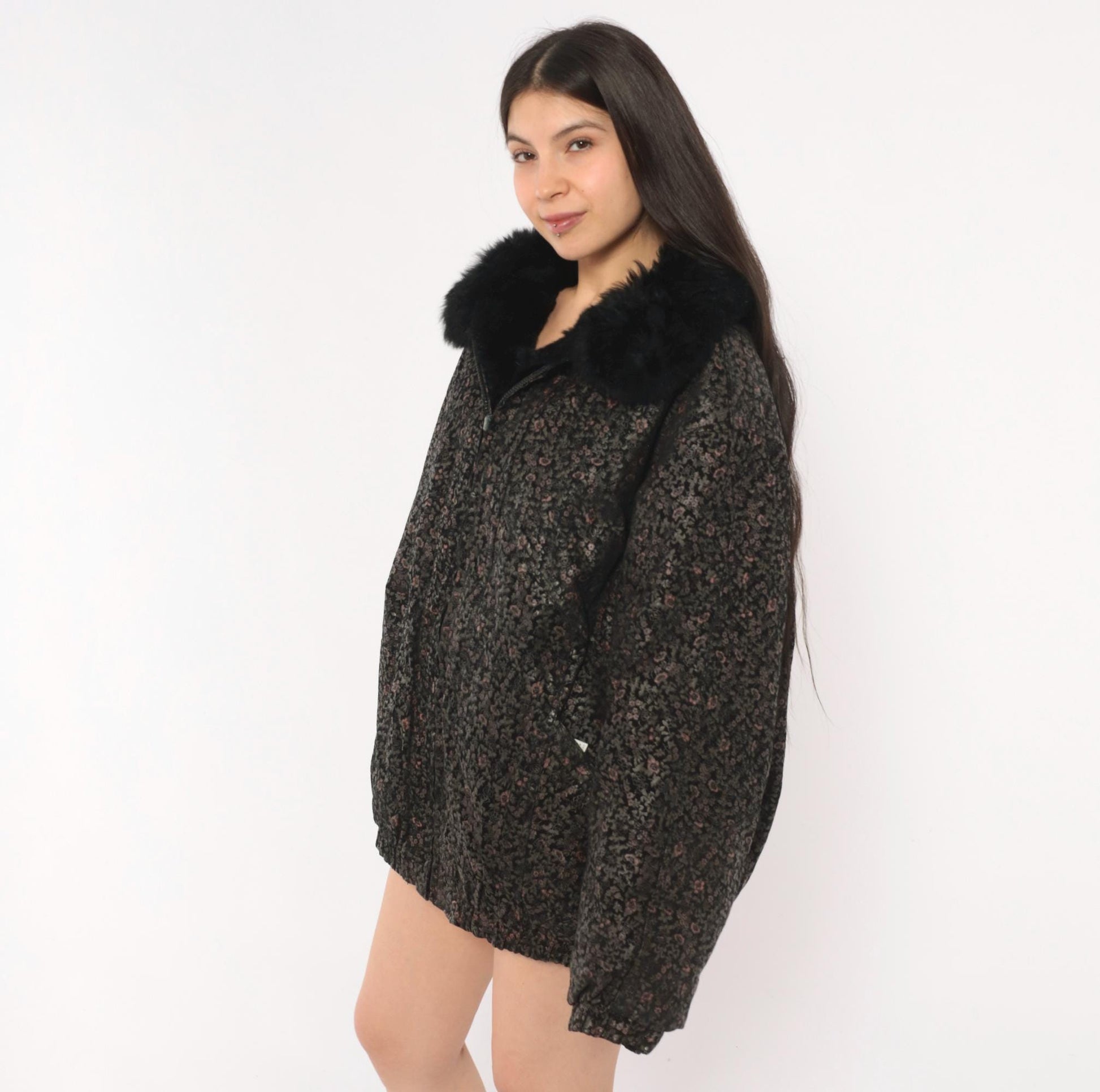 90s Black Floral Suede Bomber Jacket Faux Fur Collar Pink Extra Large