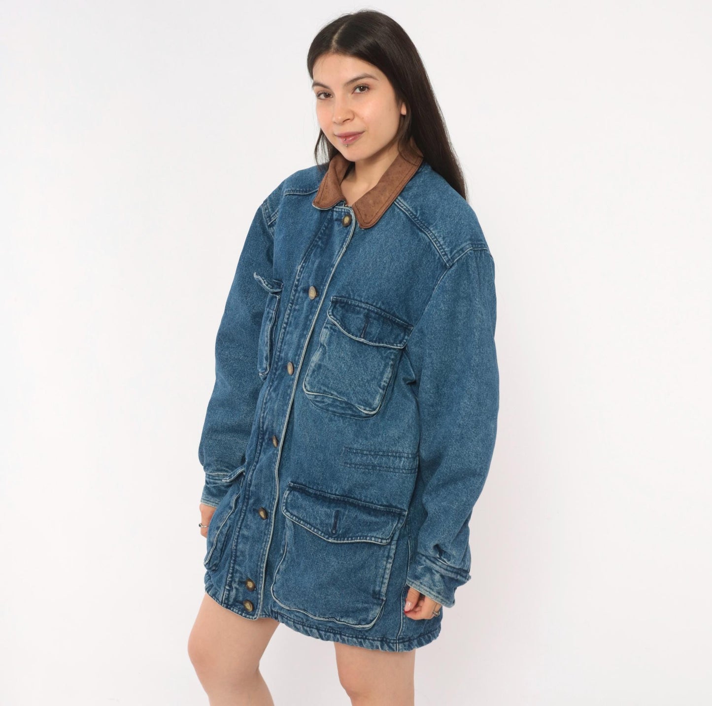 90s Kings Bay Denim Jacket Leather Collar Brown Cotton Workwear Medium M