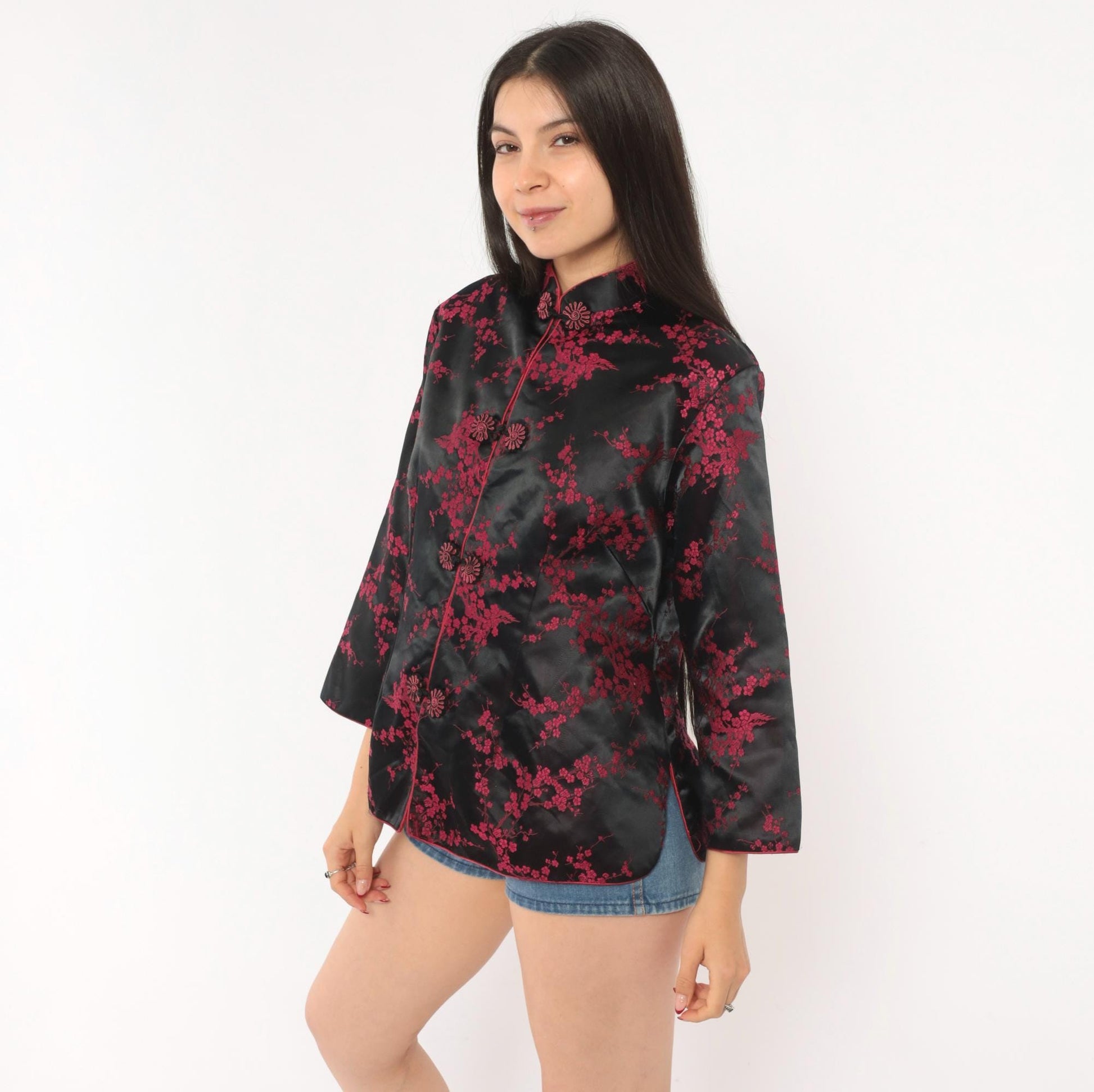90s King Hu Black Brocade Jacket Cherry Blossom Mandarin Collar Large L