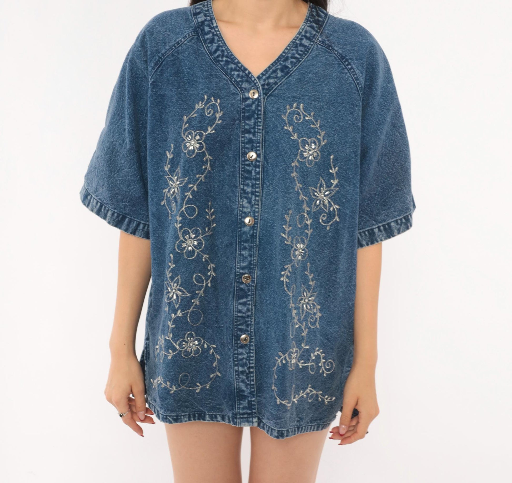 90s Premier International Denim Blouse Floral Vine Embroidery Blue Cotton Medium