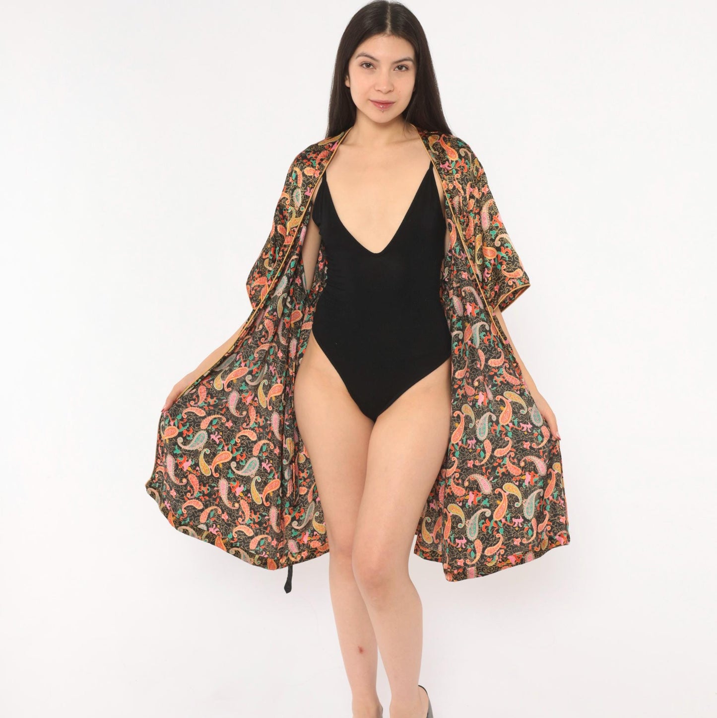 90s Barbizon Paisley Kimono Robe Wrap Front Tie Belt Black Gold Teal Pink Small