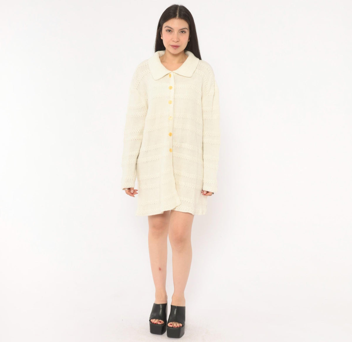 70s Cream Knit Cardigan Button Front Lacework Bands Long Sleeve Extra Large XL