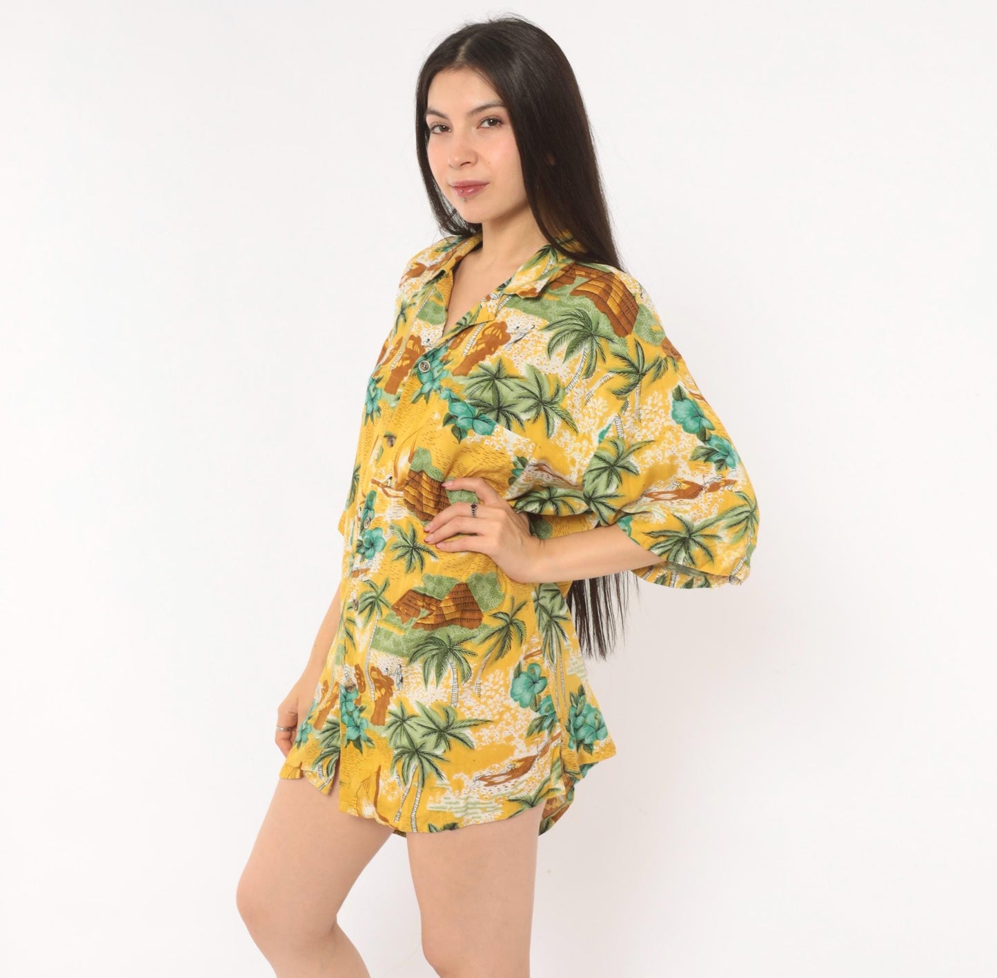 2000s Bullseye Hawaiian Camp Collar Shirt Yellow Tropical Scenic Large L