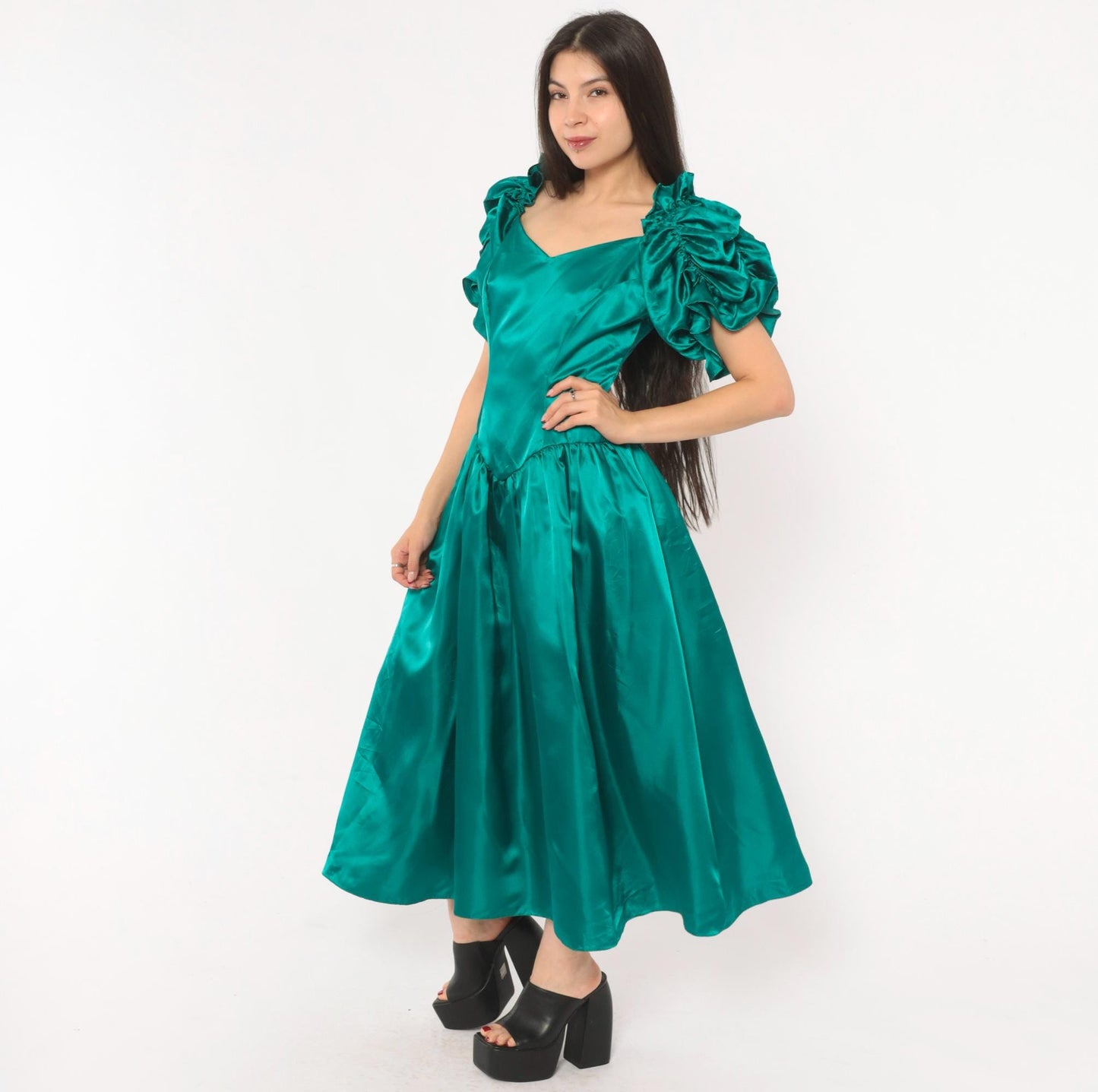 80s Teal Satin Gown Sweetheart Neckline Puff Sleeve Drop Waist Small