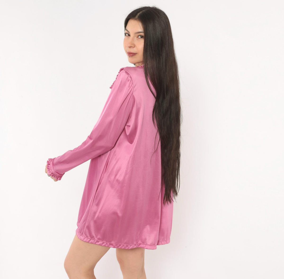 80s Vanity Fair Mauve Romper Ruffled Yoke Pearl Button Loungewear Large L
